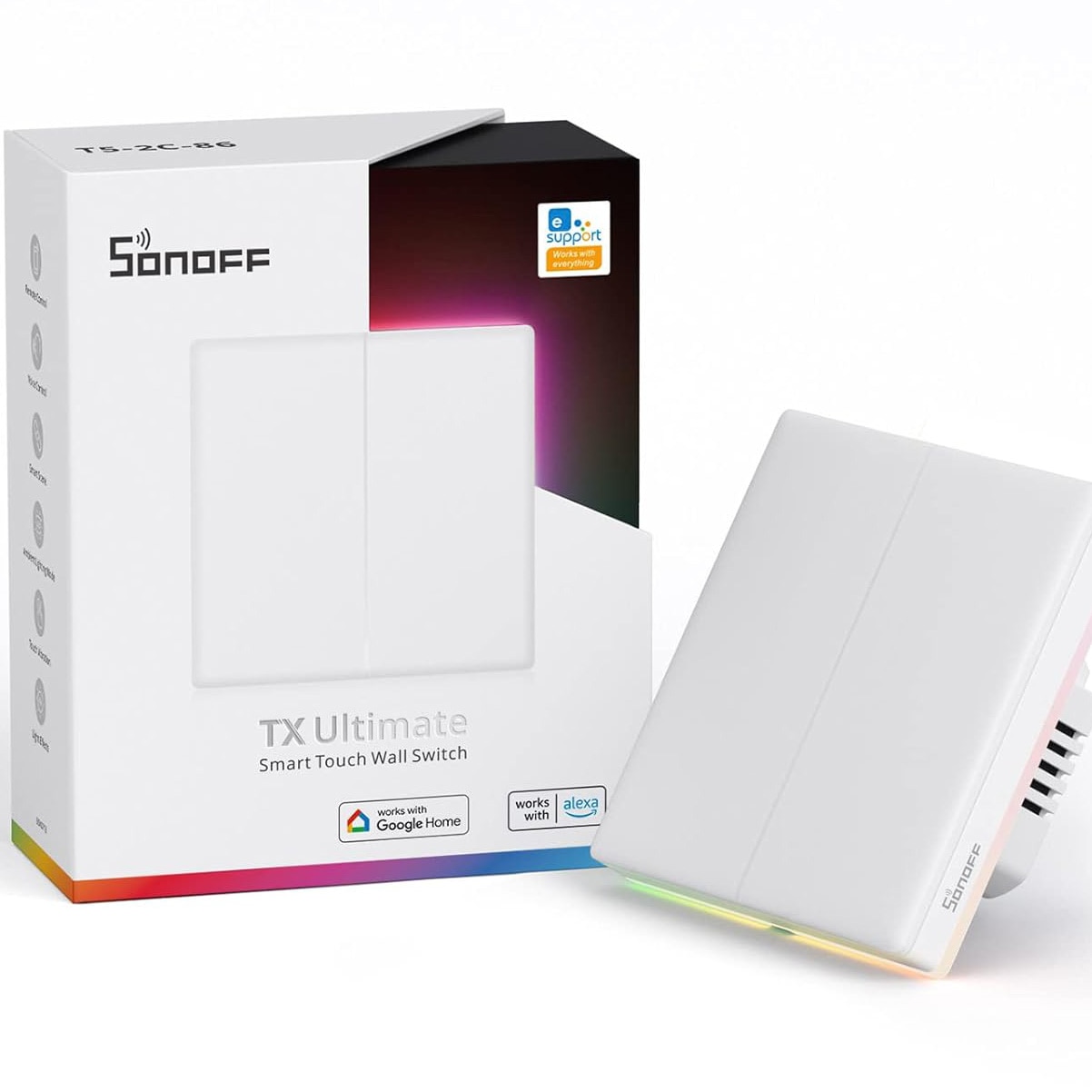 Fotografie Intrerupator inteligent Sonoff T5-2C-86, Wi-Fi, cu full touch, 2 canale, lumina ambientala LED RGB, efect sunet si vibrare la apasare, 10A/2400W