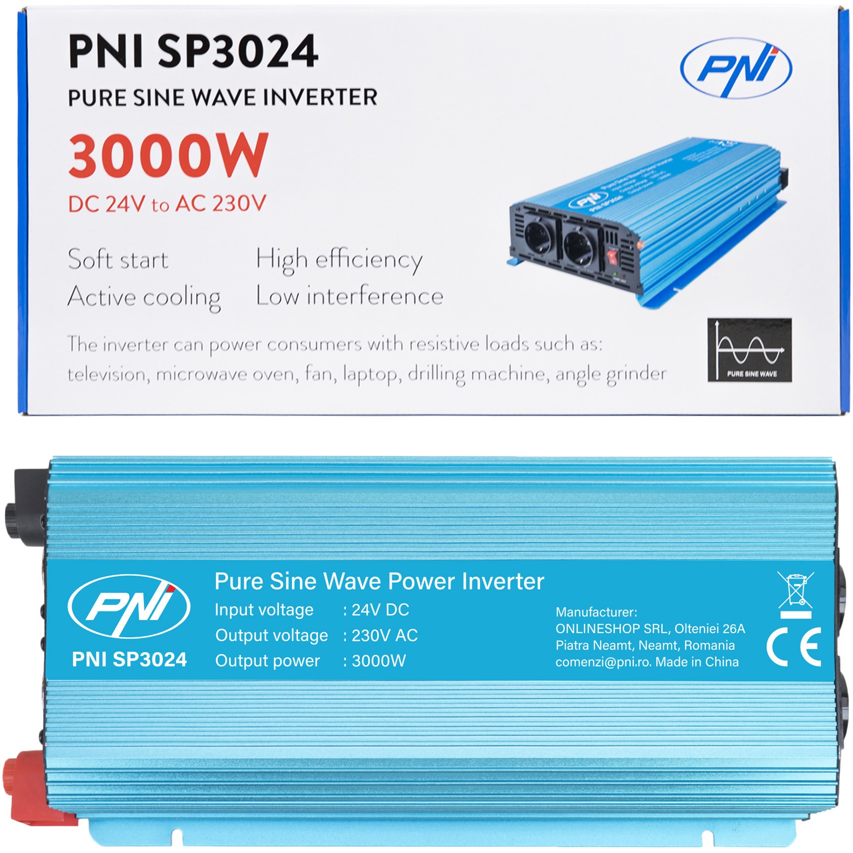 Fotografie Invertor de tensiune PNI SP3024 alimentare 24V iesire 230V 3000W sinusoida pura