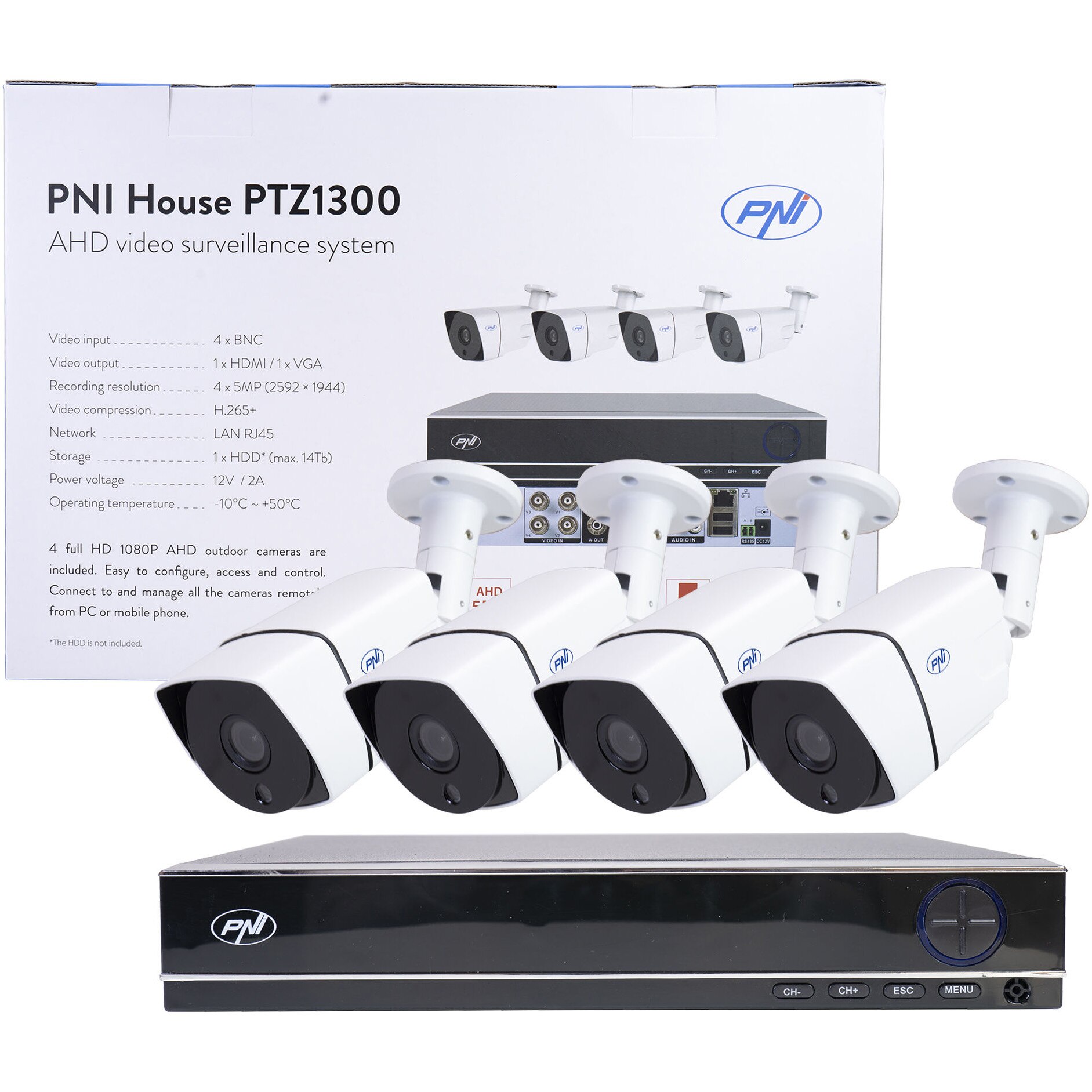 Fotografie Kit supraveghere video AHD PNI House PTZ1300 Full HD - NVR si 4 camere exterior 2MP full HD 1080P