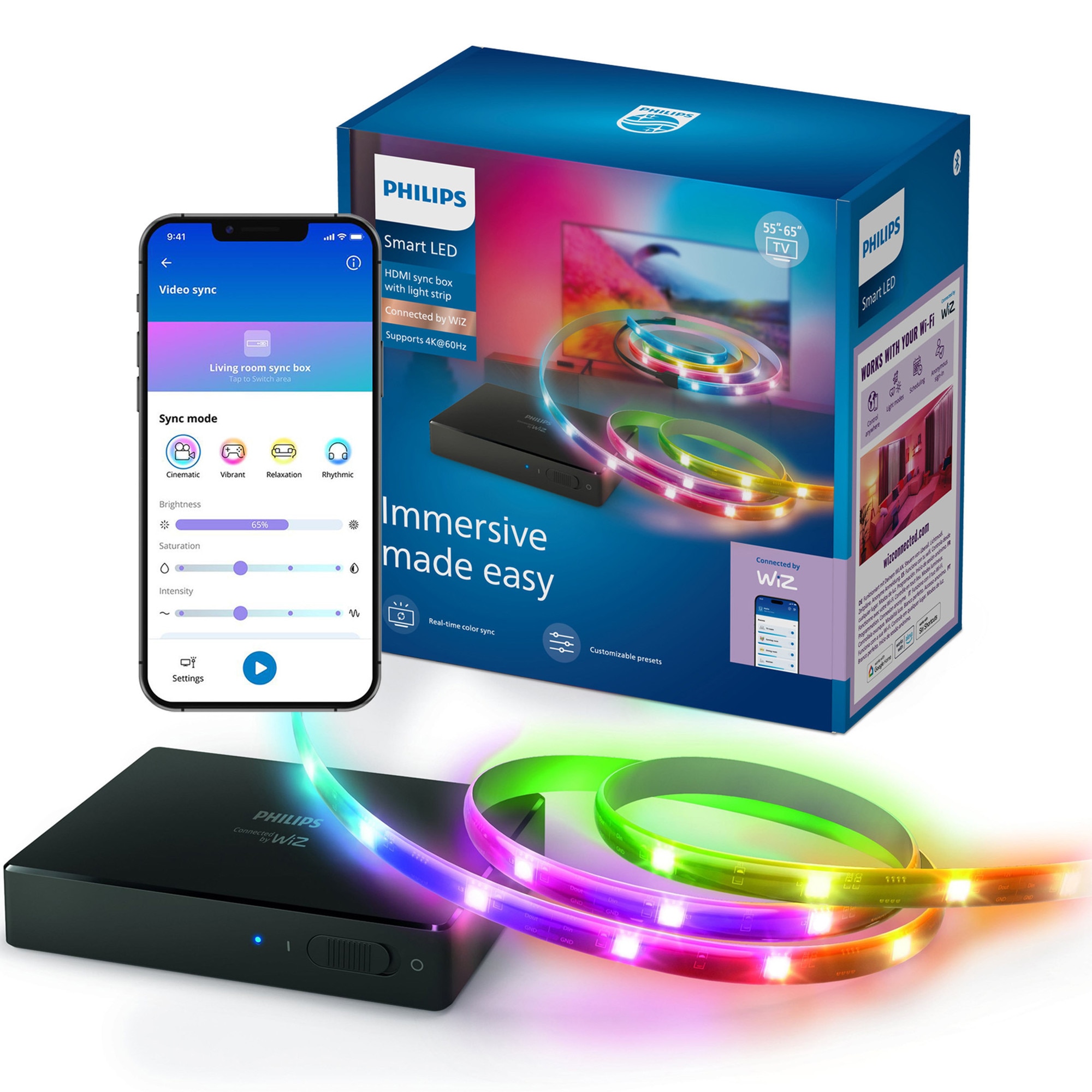 Fotografie Kit TV banda LED & Sync box HDMI 2.0 55"-65" EU Philips Smart, 220-240V, 20 IRC, 2700/6500K, IP20, Bluetooth, WiFi (2,4 GHz), Alexa, Google Home, Homey, IFTTT, Matter, Samsung Smartthings