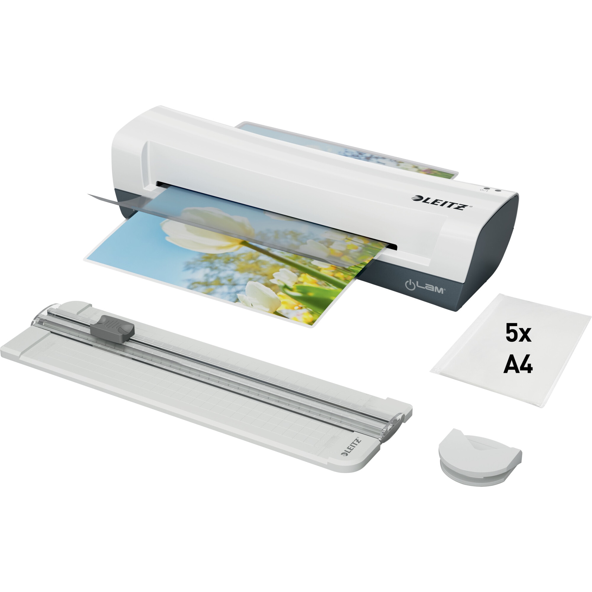 Fotografie Laminator A4 Leitz Home, Set 4 in 1, trimmer, rotunjitor, 5 folii laminare A4, alb