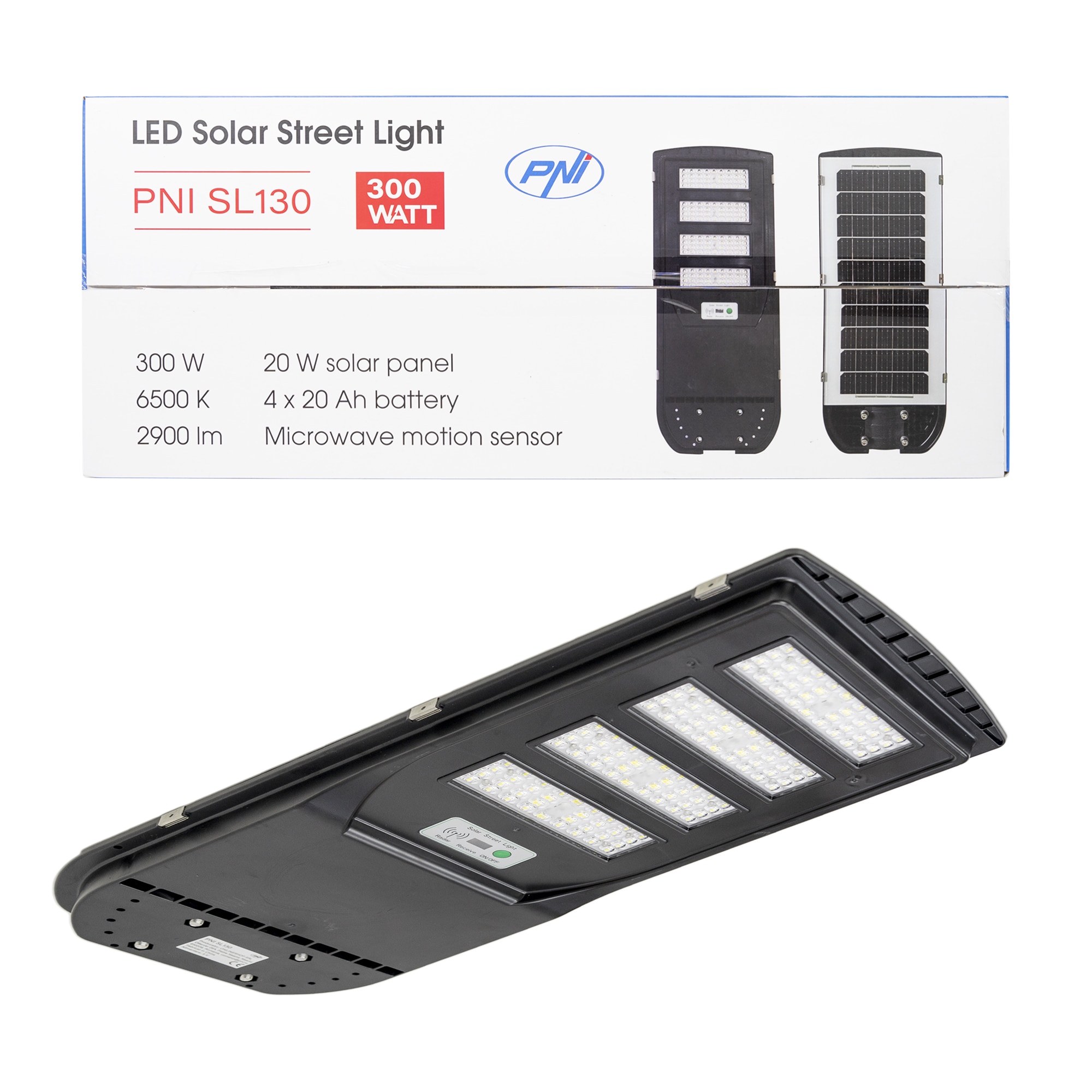 Fotografie Lampa de iluminat stradal PNI SL130 300W, cu panou solar incorporat, 20W, 6500K, 2900lm, 4 x acumulator 20Ah incorporat, senzor de miscare cu microunde