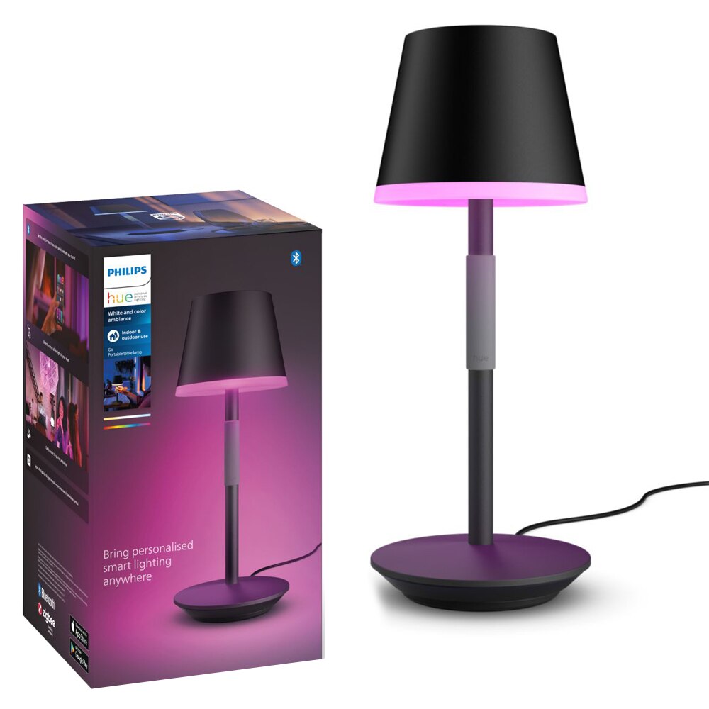 Fotografie Lampa de masa LED RGB inteligenta Philips Hue Go, Bluetooth, cu acumulator, dimabila, 530 lm, LED RGB, lumina alba si color (2000-6500K), 35 cm, Metal, Negru, clasa energetica G