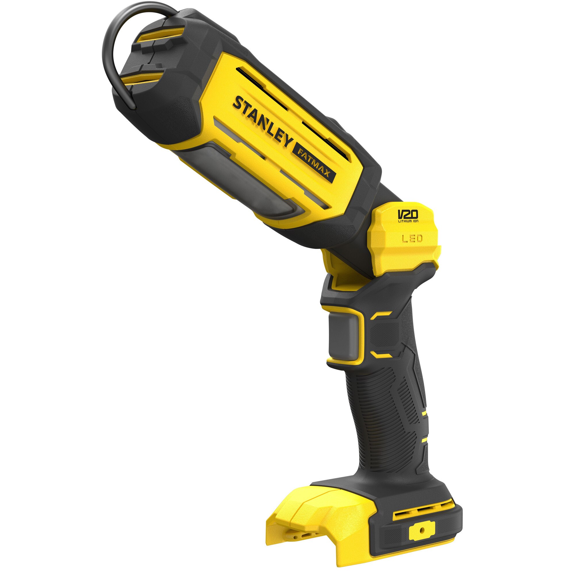 Fotografie Lanterna LED pe acumulator Stanley FatMax SFMCL050B, 18V V20, 350/700 lumeni, 3 leduri, cap pivotabil 0-140 grade, carlig de agatare, ultra usoara, autonomie mare, maner cauciucat confortabil, nu include incarcator/acumulator