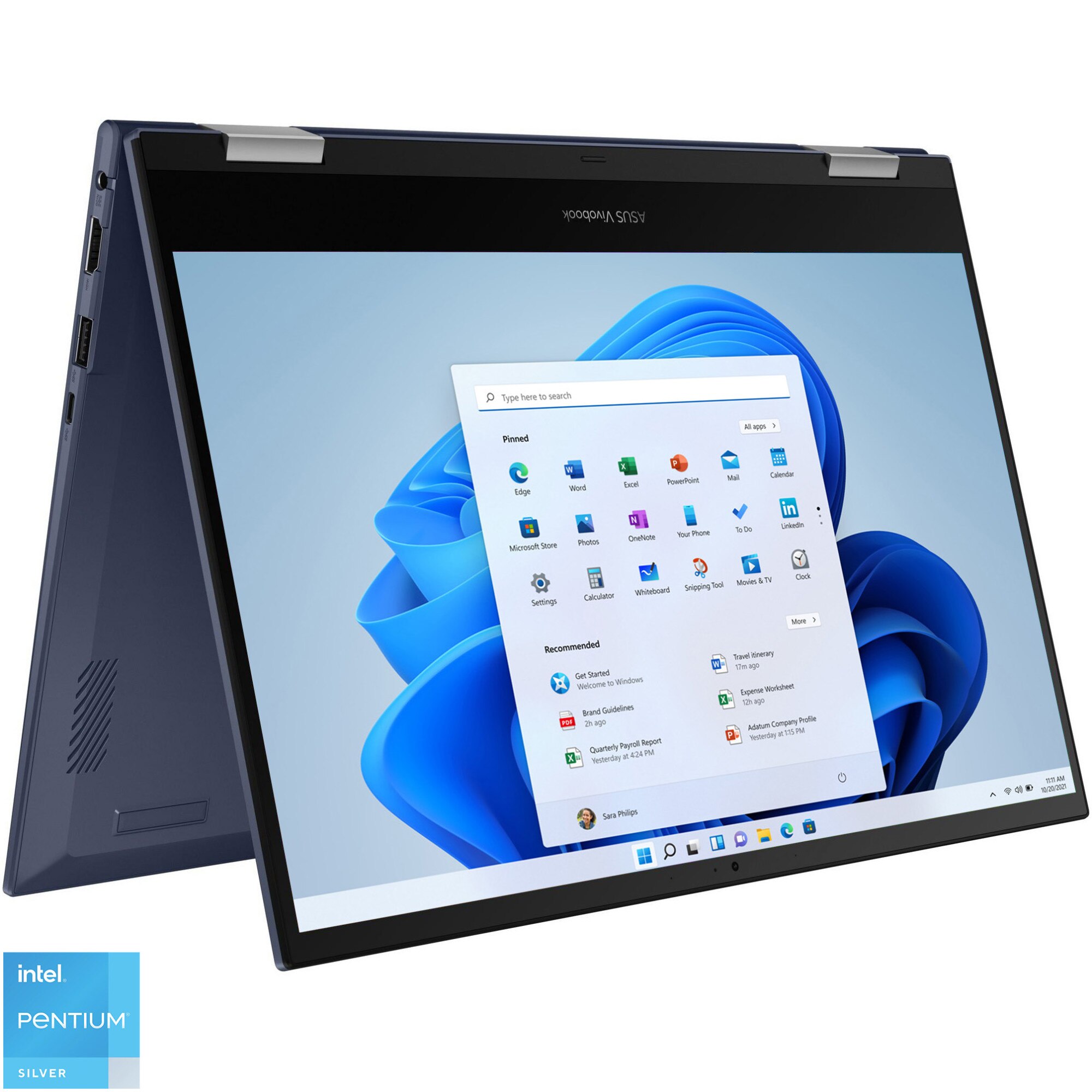 Fotografie Laptop 2 in 1 ASUS VivoBook Flip 14 TP1401KA cu procesor Intel® Pentium® Silver N6000, 14", Full HD, 8GB, 256GB SSD, Intel® UHD Graphics, Windows 11 Home S, Quiet Blue