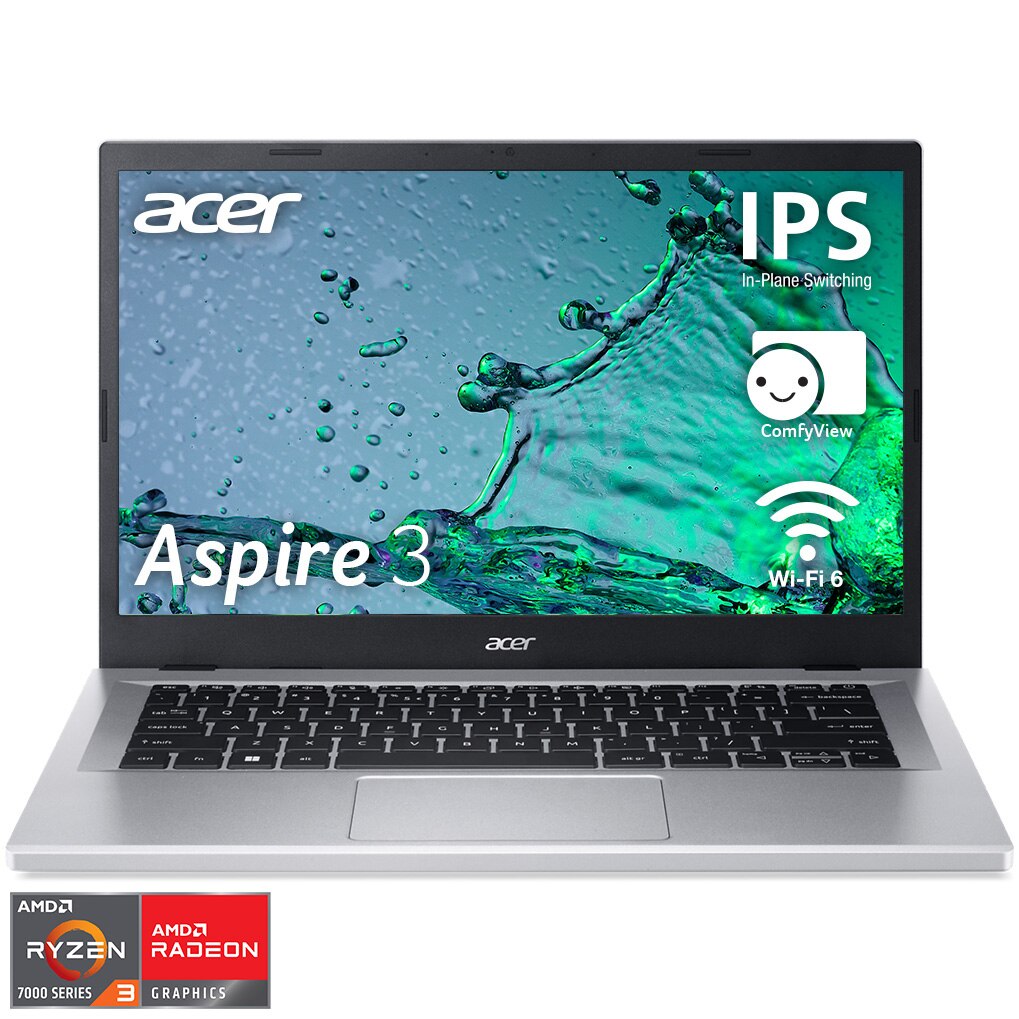 Fotografie Laptop Acer Aspire 3 A315-24P cu procesor AMD Ryzen™ 3 7320U pana la 4.10 GHz, 15.6" Full HD, IPS, 8GB, 256GB SSD, AMD Radeon™ 610M, No OS, Silver