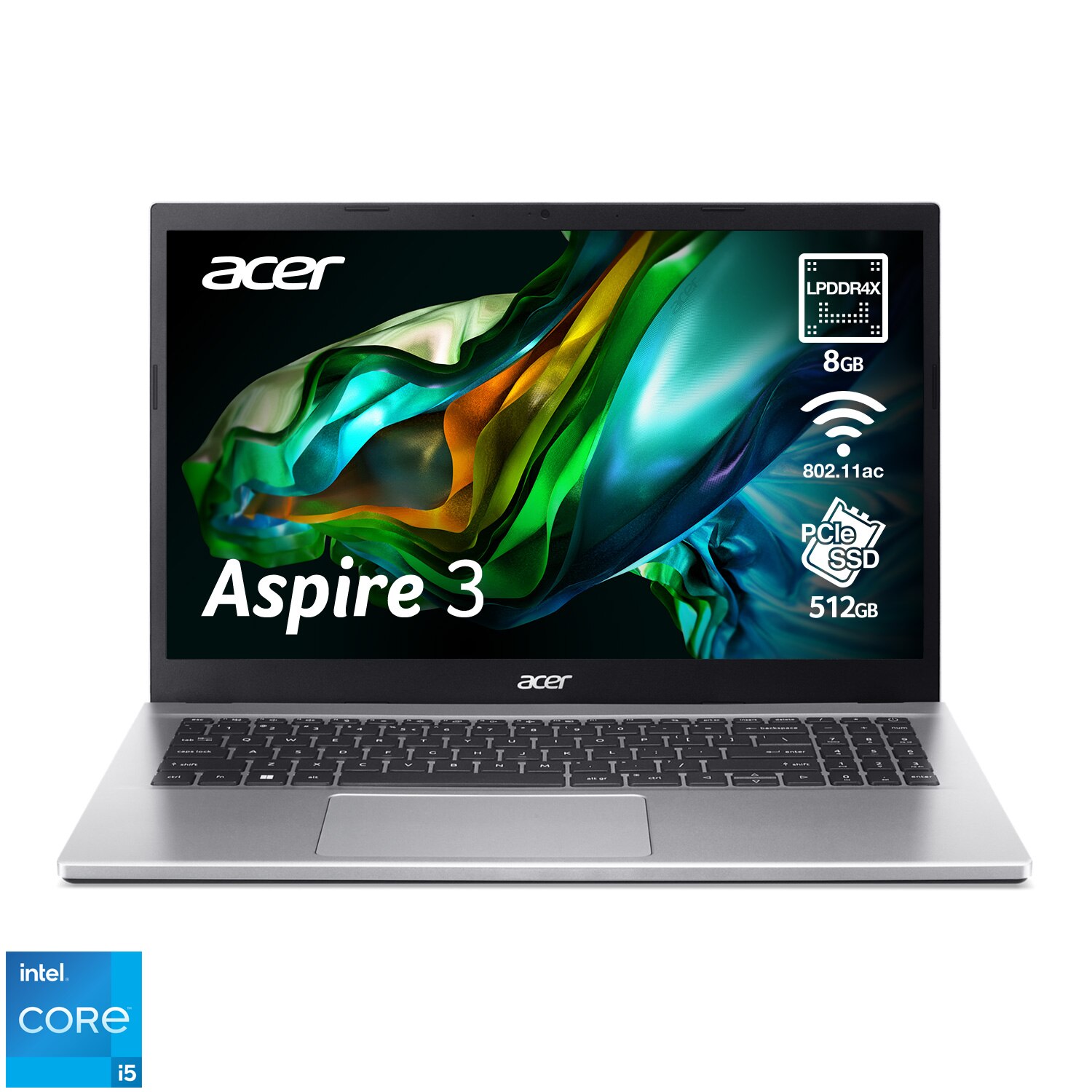 Fotografie Laptop Acer Aspire 3 A315-59 cu procesor Intel® Core™ i5-1235U pana la 4.40 GHz, 15.6", Full HD, IPS, 8GB, 512GB, Intel® Iris® Xe Graphics, No OS, Silver