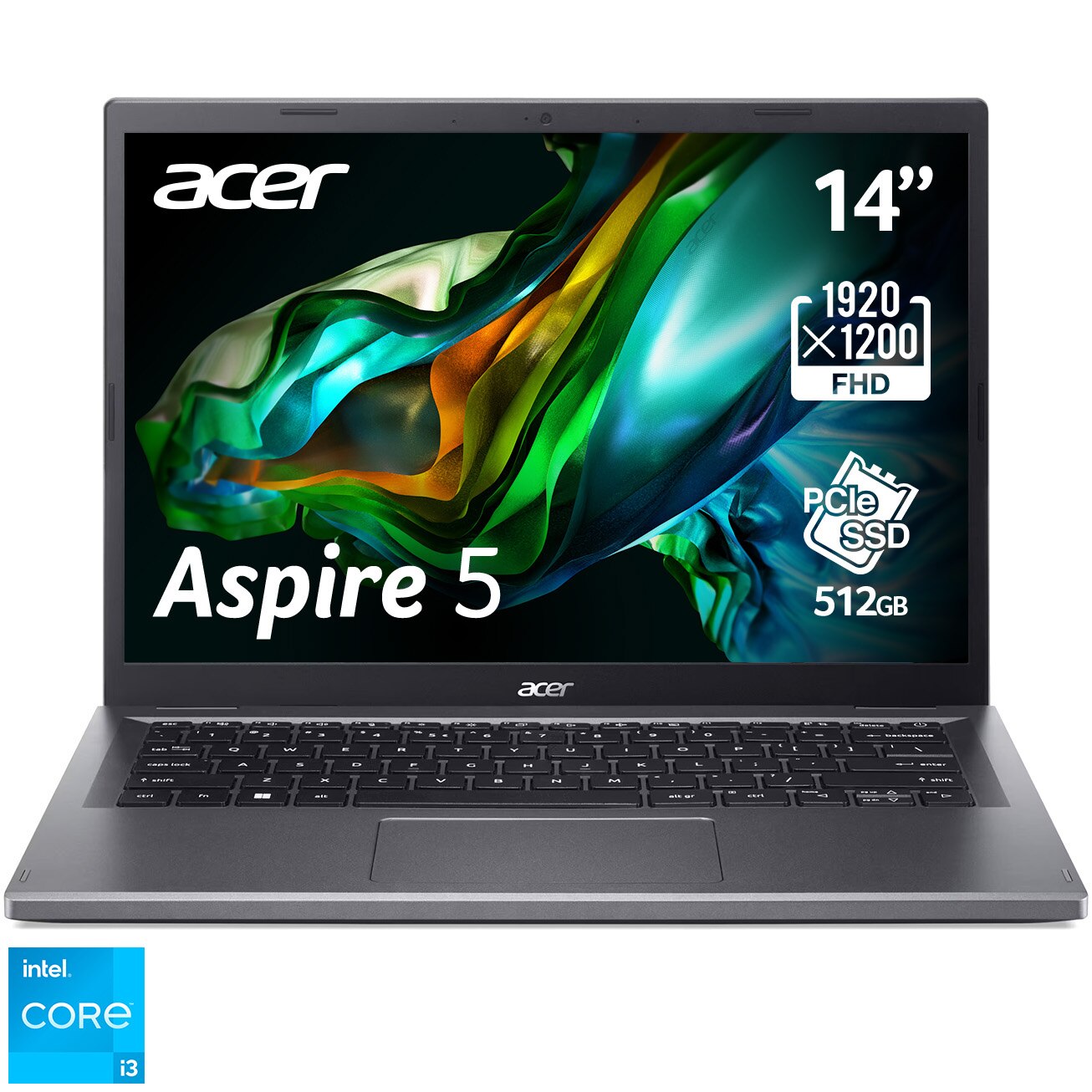 Fotografie Laptop Acer Aspire 5 A514-56 cu procesor Intel® Core™ i3-1315U pana la 4.5 GHz, 14", WUXGA, 8GB DDR5, 512GB SSD, Intel® UHD Graphics, No OS, Iron