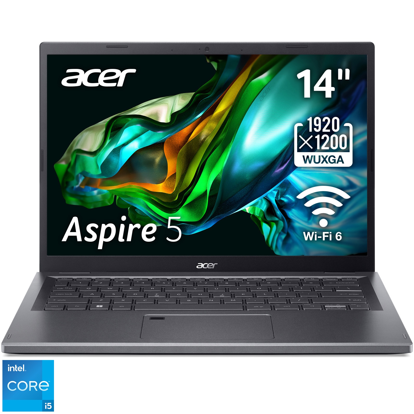 Fotografie Laptop Acer Aspire 5 A514-56 cu procesor Intel® Core™ i5-1335U pana la 4.6 GHz, 14", WUXGA, 16GB DDR5, 512GB SSD, Intel® UHD Graphics, No OS, Iron