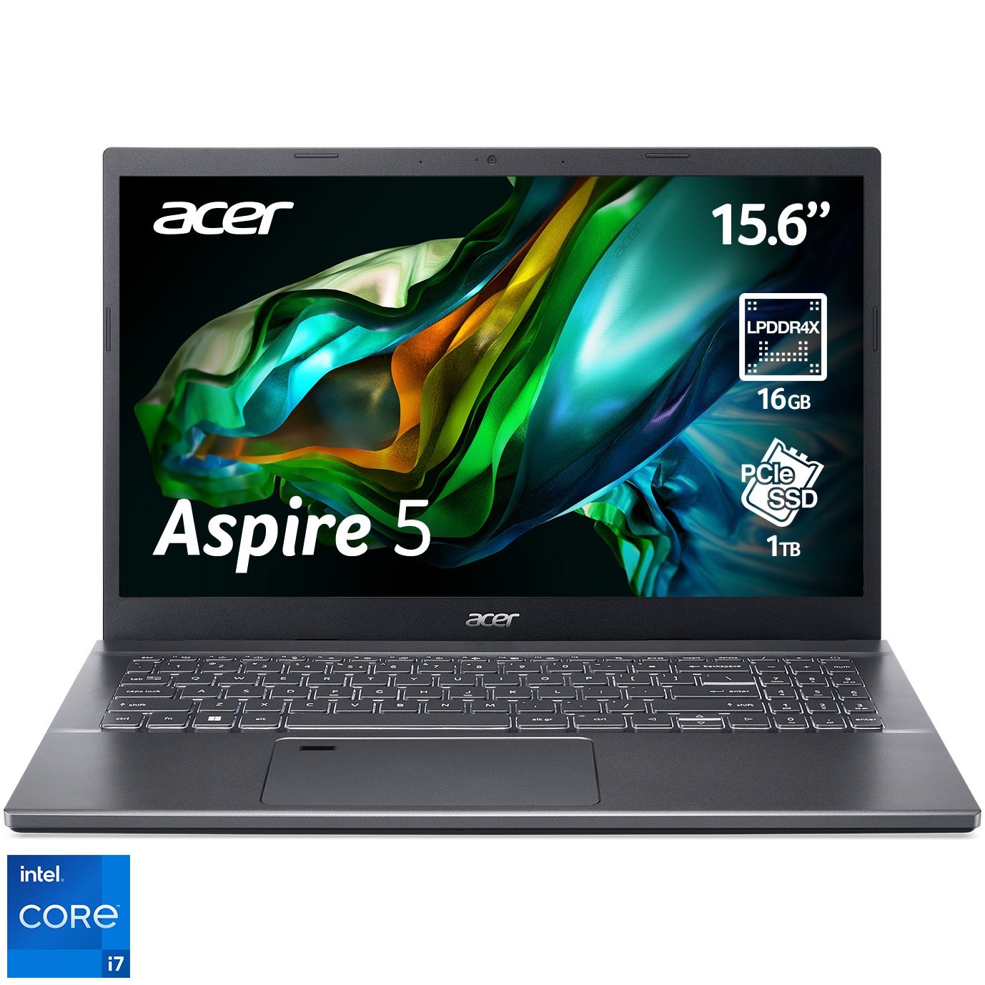 Fotografie Laptop Acer Aspire 5 A515-57 cu procesor Intel® Core™ i7-1255U pana la 4.70 GHz, 15.6", Full HD, IPS, 16GB, 1TB SSD, Intel® Iris® Xe Graphics, NO OS, Iron