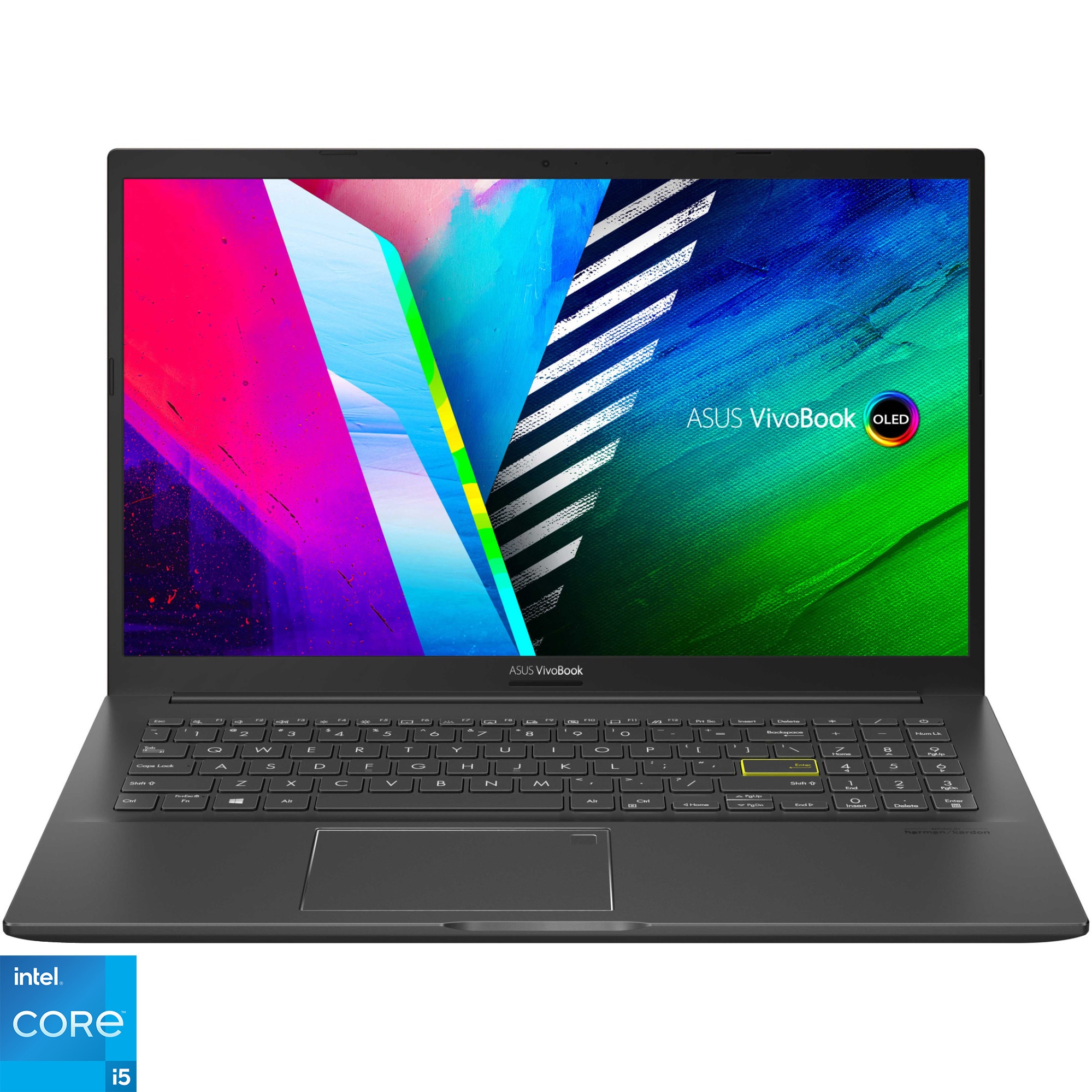Fotografie Laptop ASUS Vivobook 15 K513EA cu procesor Intel® Core™ i5-1135G7 pana la 4.2 GHz, 15.6", Full HD, OLED, 8GB, 512GB SSD, Intel® Iris® Xe Graphics, No OS, Indie Black