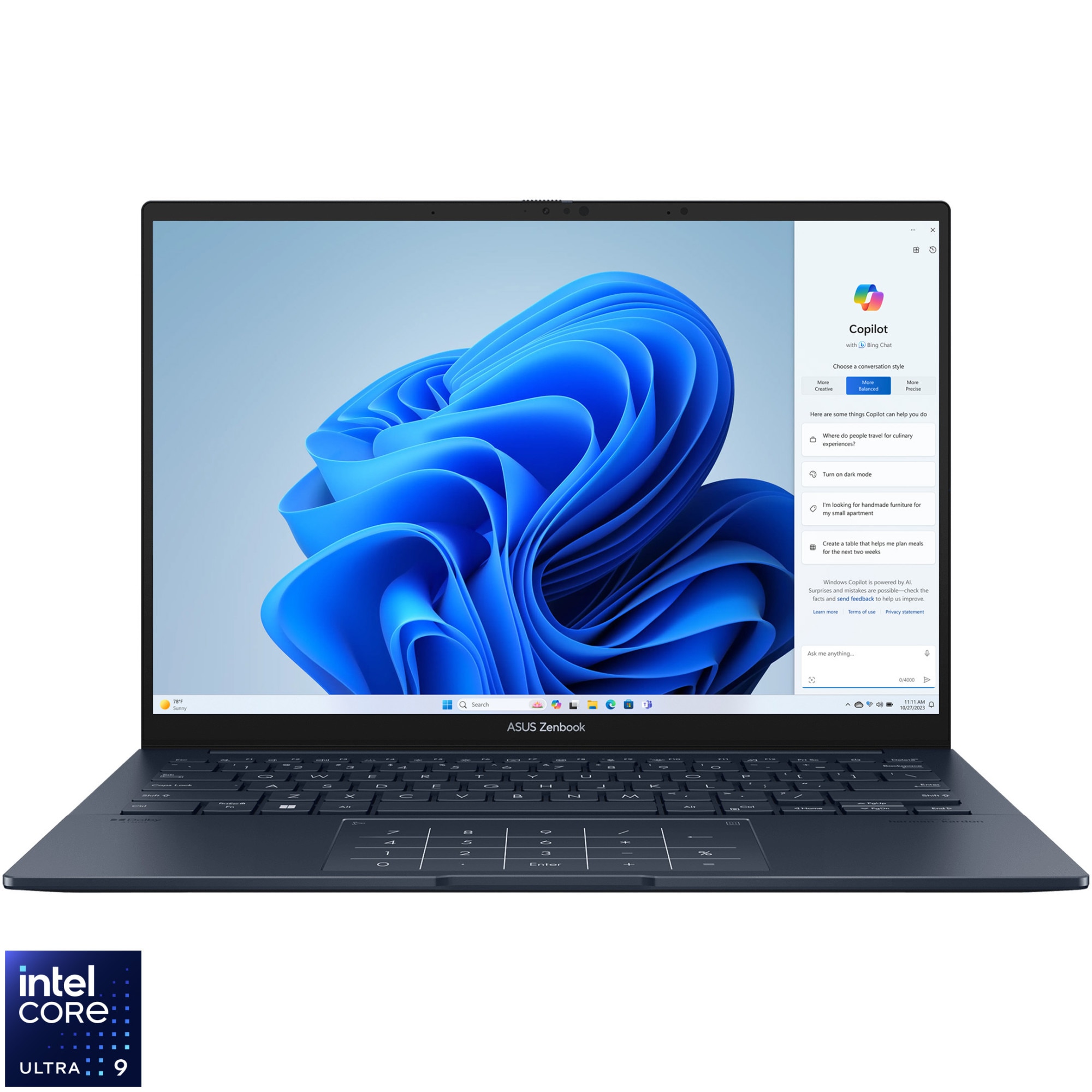Fotografie Laptop ASUS Zenbook 14 OLED UX3405CA cu procesor Intel® Core™ Ultra 9 285H pana la 5.40 GHz, 14", 3K 120Hz, 16GB RAM, 1TB SSD, Intel Arc 140T, Win 11 Pro, Ponder Blue