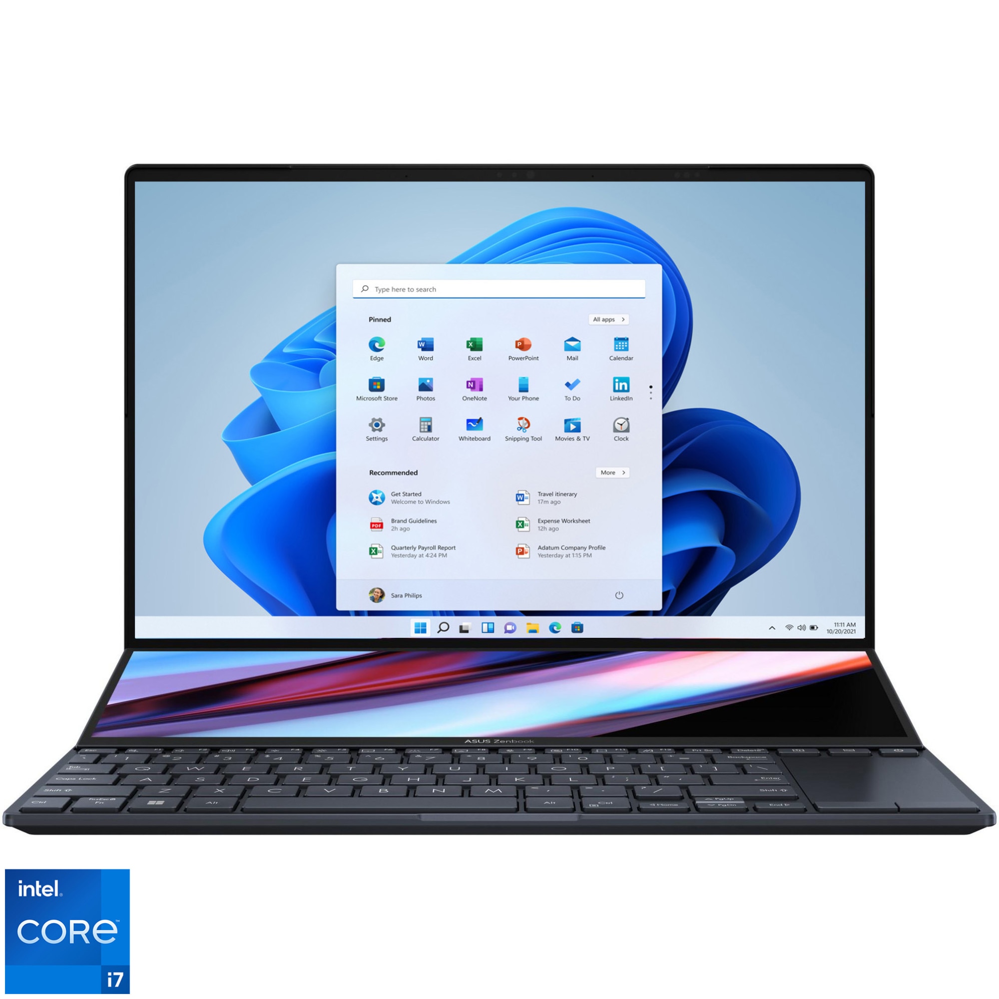 Fotografie Laptop ASUS Zenbook Pro 14 Duo UX8402ZE cu procesor Intel® Core™ i7-12700H pana la 4.70 GHz, 14.5", 2.8K OLED, Touch, 16GB, 1TB SSD, NVIDIA® GeForce® RTX™ 3050 Ti 4 GB, Windows 11 Pro, Tech Black