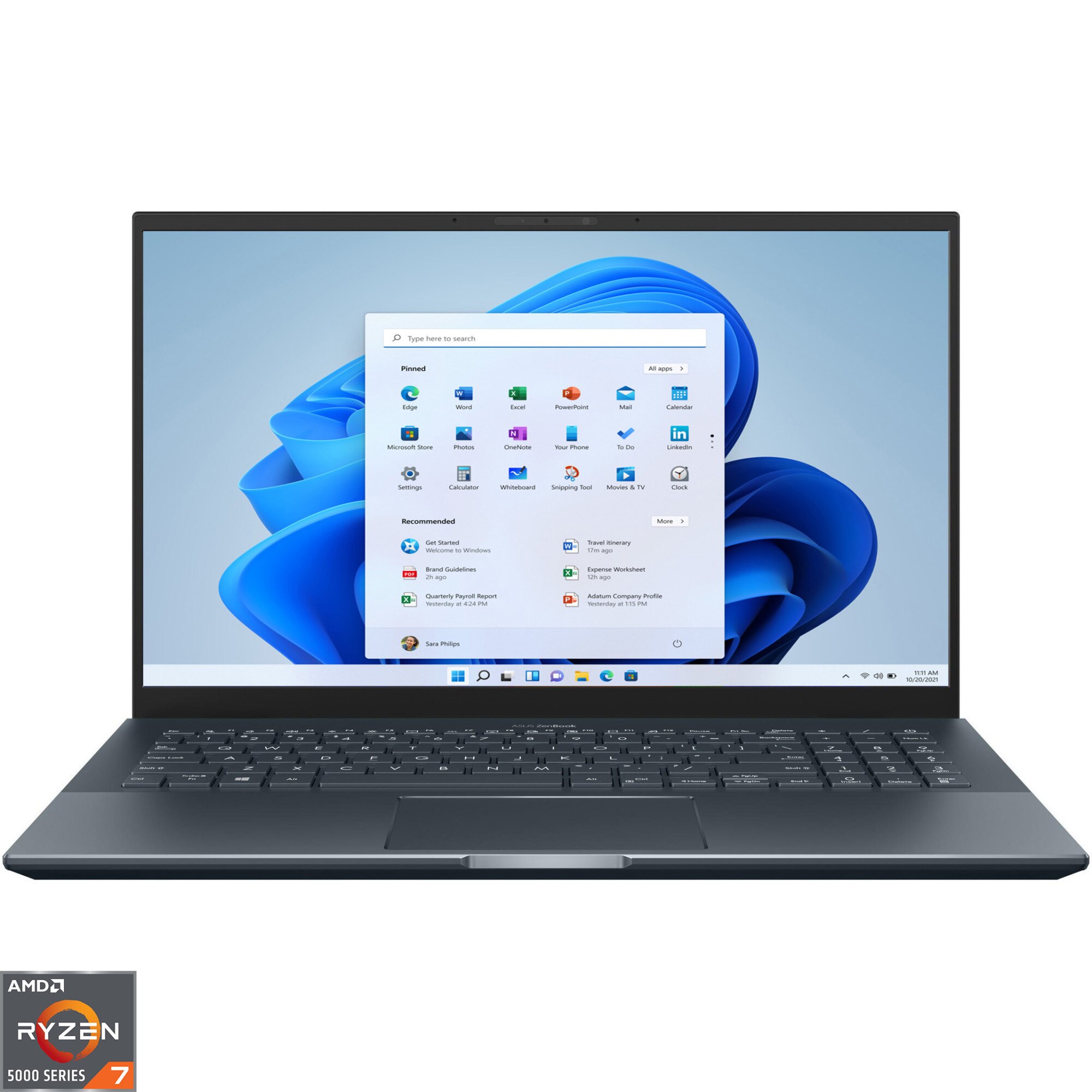 Fotografie Laptop ASUS ZenBook Pro 15 OLED UM5500QE cu procesor AMD Ryzen™ 7 5800H, 15.6", Full HD, 16GB, 512GB SSD, NVIDIA® GeForce® RTX™ 3050 Ti, Windows 11 Pro, Pine Grey