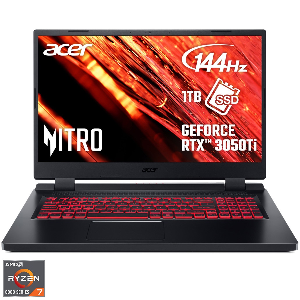 Fotografie Laptop Gaming Acer Nitro 5 AN515-46 cu procesor AMD Ryzen™ 7 6800H pana la 4.70 GHz, 15.6", Full HD, IPS, 144Hz, 16GB, 1TB SSD, NVIDIA® GeForce RTX™ 3050 Ti 4GB, No OS, Black