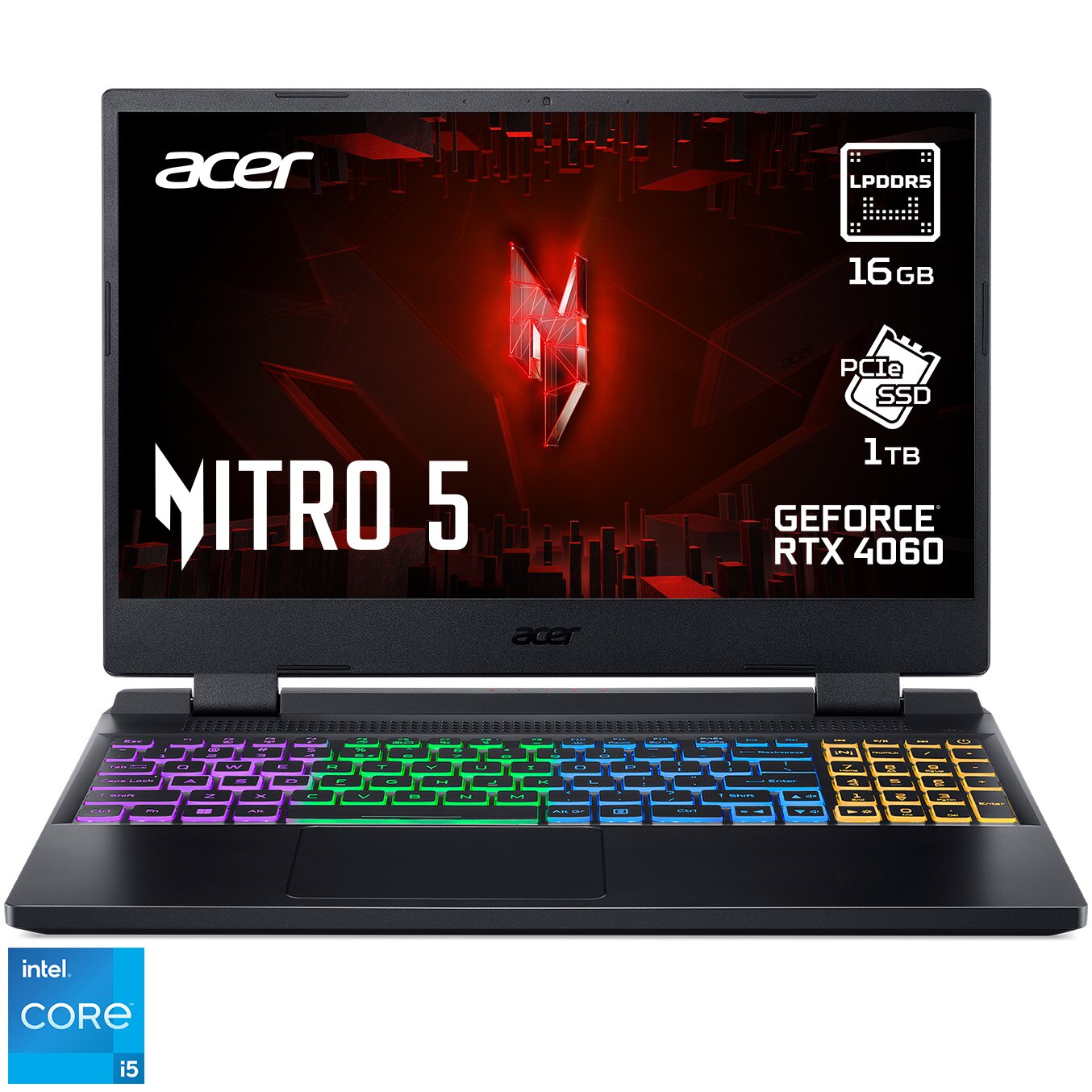 Fotografie Laptop Gaming Acer Nitro 5 AN515-58 cu procesor Intel® Core™ i5-12500H pana la 4.5 GHz, 15.6", Full HD, IPS, 144Hz, 16GB DDR5, 1TB SSD, NVIDIA® GeForce RTX™ 4060 8GB GDDR6, No OS, Black
