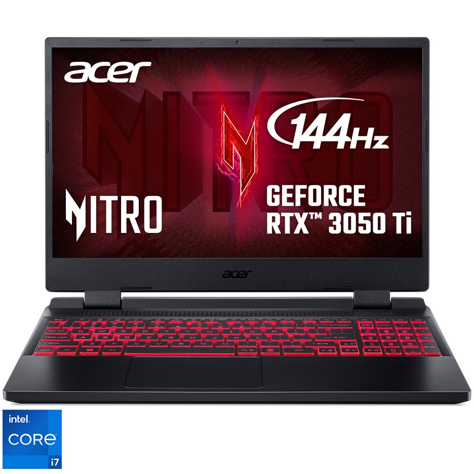 Fotografie Laptop Gaming Acer Nitro 5 AN515-58 cu procesor Intel® Core™ i7-12700H pana la 4.70 GHz, 15.6", Full HD, IPS, 144Hz, 16GB, 512GB SSD, NVIDIA® GeForce RTX™ 3050Ti 4GB, NO OS, Black