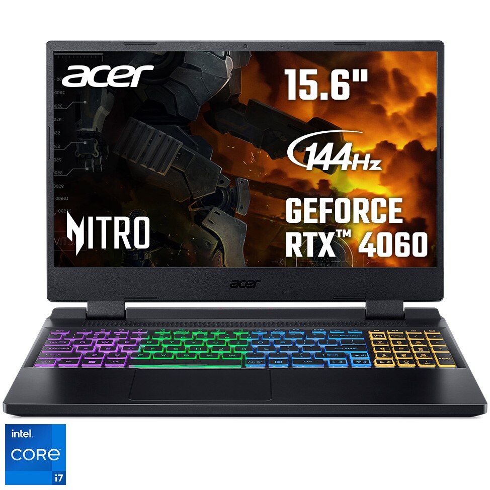 Fotografie Laptop Gaming Acer Nitro 5 AN515-58 cu procesor Intel® Core™ i7-12700H pana la 4.7 GHz, 15.6", Full HD, IPS, 144Hz, 16GB DDR5, 512GB SSD, NVIDIA® GeForce RTX™ 4060 8GB GDDR6, No OS, Black