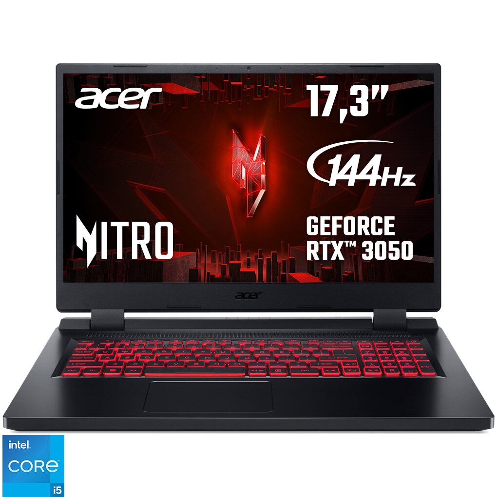 Fotografie Laptop Gaming Acer Nitro 5 AN517-55 cu procesor Intel® Core™ i5-12500H pana la 4.50 GHz, 17.3", Full HD, IPS, 144Hz, 16GB, 512GB SSD, NVIDIA® GeForce RTX™ 3050 4GB, NO OS, Black