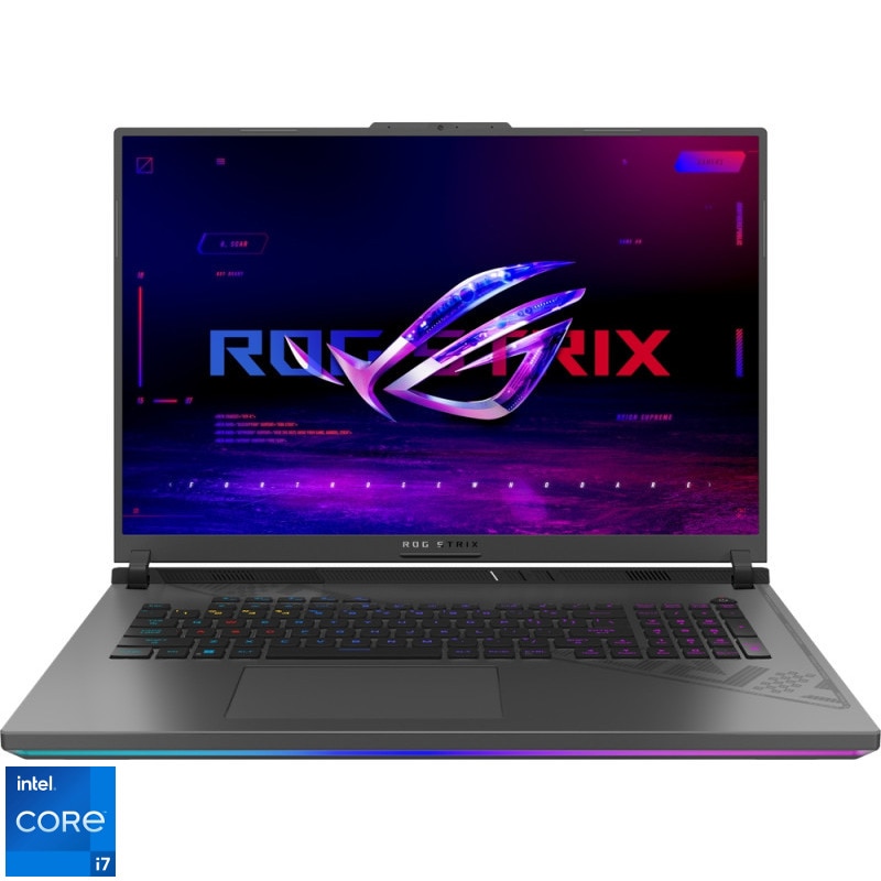 Fotografie Laptop Gaming ASUS ROG Strix G18 cu procesor Intel® Core™ i7-13650HX pana la 4.90 GHz, 18", QHD+, IPS, 240Hz, 16GB DDR5, 1TB SSD, NVIDIA® GeForce RTX™ 4070 8GB GDDR6 TGP 140W, No OS, Eclipse Gray