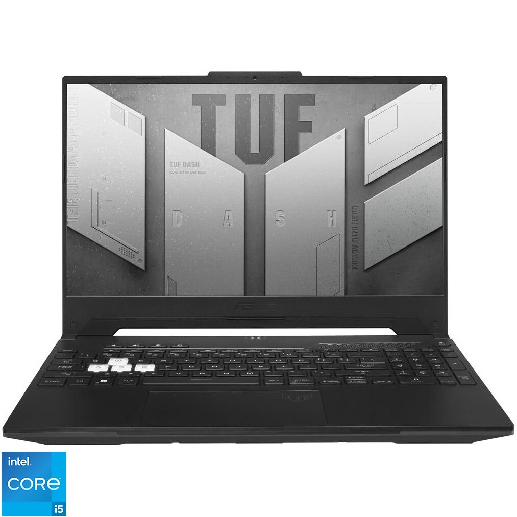 Fotografie Laptop Gaming ASUS TUF Dash F15 FX517ZC cu procesor 12th Gen Intel® Core™ i5-12450H, 15.6", Full HD, 144HZ, 8GB, 512GB SSD, NVIDIA® GeForce RTX™ 3050, No OS, Off Black