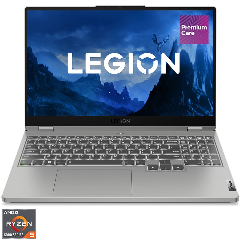 Fotografie Laptop Gaming Lenovo Legion 5 15ARH7 cu procesor AMD Ryzen™ 5 6600H pana la 4.50 GHz, 15.6", Full HD, IPS, 144 Hz, 16GB, 512GB SSD, NVIDIA GeForce RTX 3050 Ti 4GB GDDR6, No OS, Cloud Grey, 3y on-site Premium Care