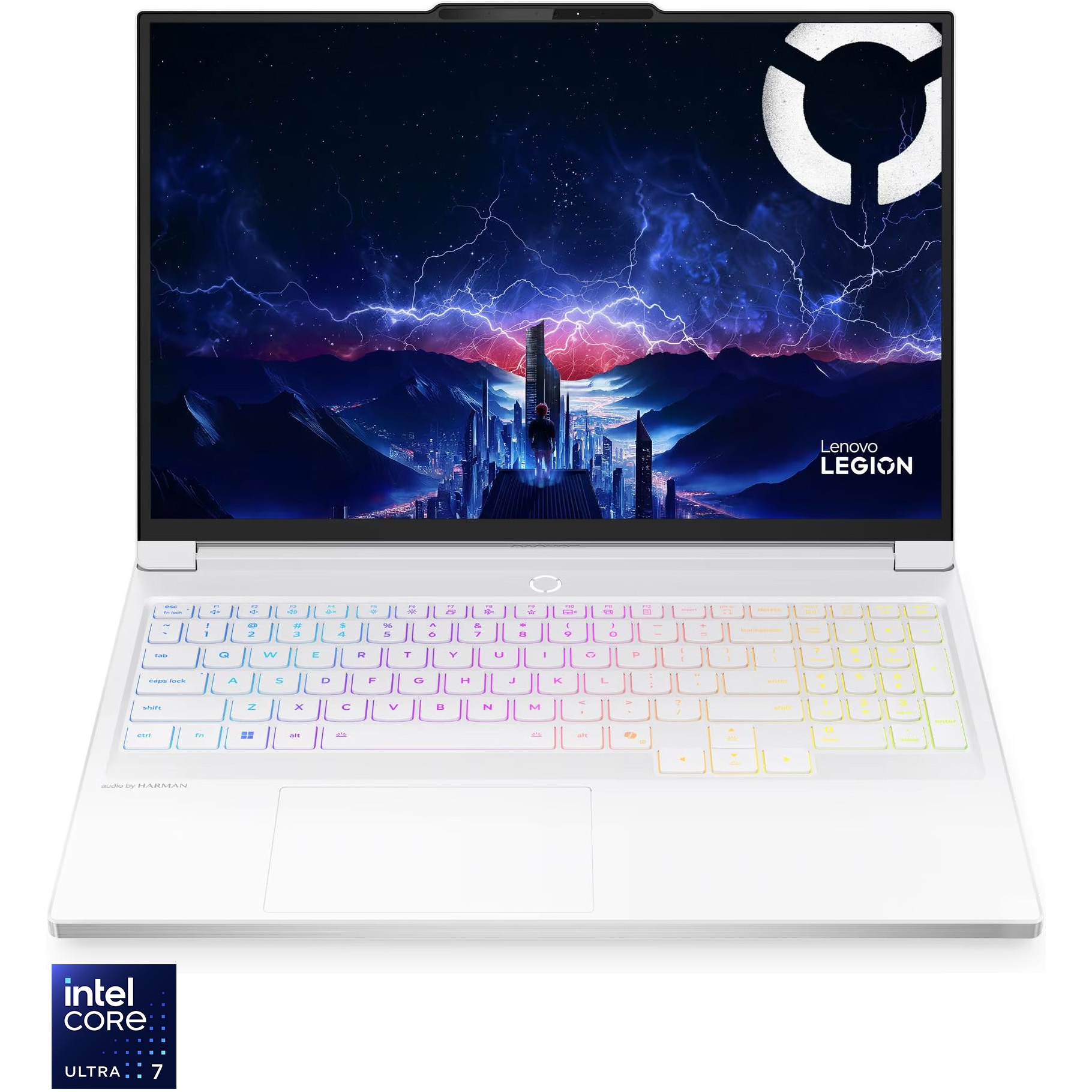 Fotografie Laptop Gaming Lenovo Legion 7 16IAX10 cu procesor Intel® Core™ Ultra 7 255HX pana la 5.2GHz, 16" WQXGA, OLED, 240Hz, 32GB DDR5 RAM, 1TB SSD, NVIDIA® GeForce RTX™ 5060 8GB GDDR7, No OS, Glacier White, 3y on-site Premium Care