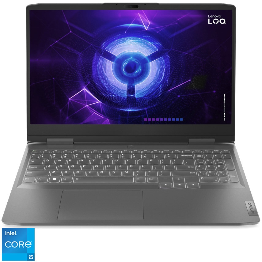 Fotografie Laptop Gaming Lenovo LOQ 15IRH8 cu procesor Intel® Core™ i5-13420H pana la 4.6 GHz, 15.6", Full HD, 144Hz, G-SYNC, 16GB, 512GB SSD, NVIDIA GeForce RTX 4050 6GB GDDR6, No OS, Storm Grey