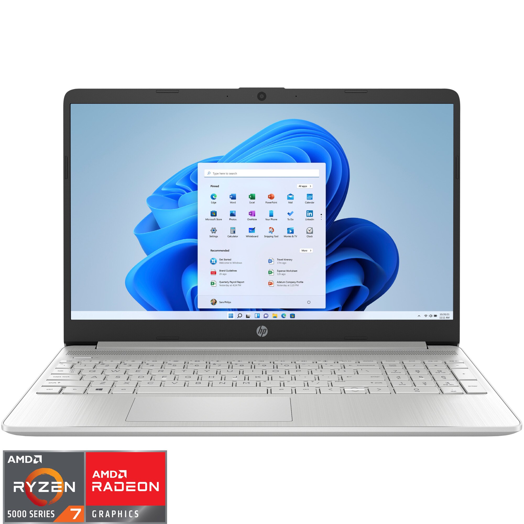 Fotografie Laptop HP 15s-eq2005nq cu procesor AMD Ryzen 7 5700U, 15.6", Full HD, 8GB, 256GB SSD, AMD Radeon Integrated Graphics, Windows 11 Home, Natural Silver