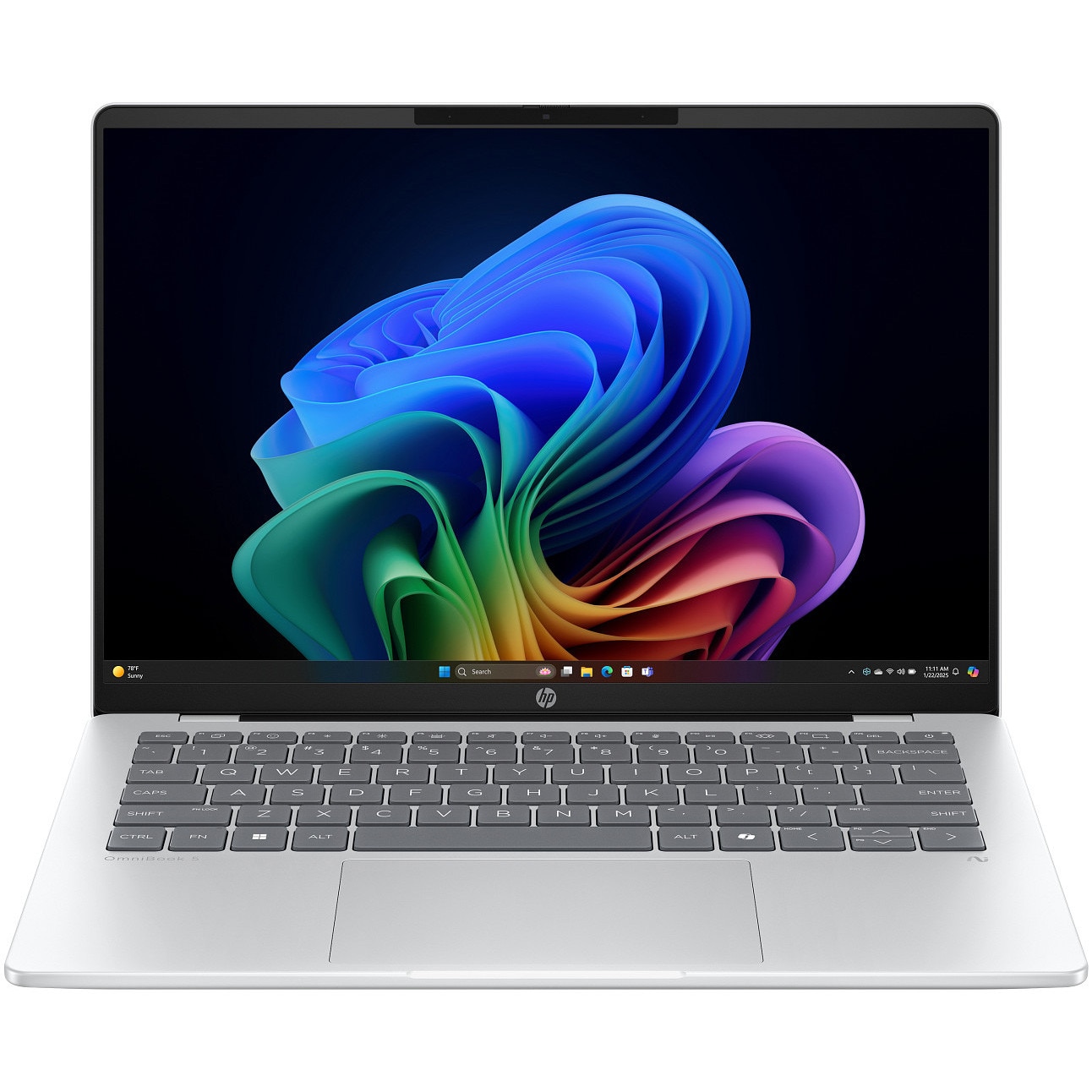 Fotografie Laptop HP OmniBook 5 NG AI Quadro 25C2, cu procesor Snapdragon X X1-26-100 pana la 2.97 Ghz, 14" WUXGA OLED, 16 GB DDR5, 512 GB SSD, Qualcomm® Adreno™ GPU, Windows 11 Home, Glacier Silver