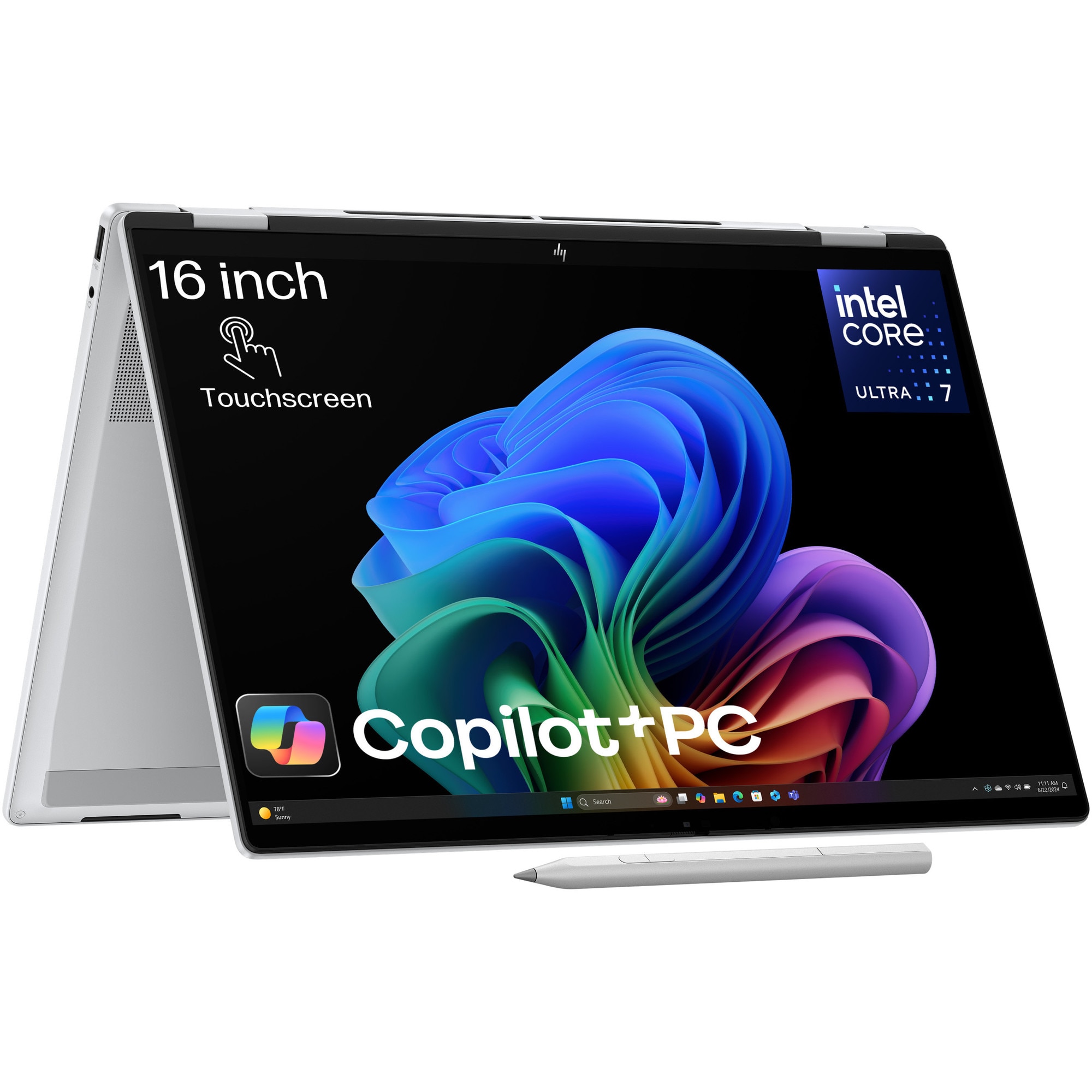 Fotografie Laptop HP OmniBook X Flip Next Gen AI 16-as0020nn cu procesor Intel® Core™ Ultra 7 258V pana la 4.8GHz, 16", 3K, OLED, 120Hz, Touch, 32GB LPDDR5x RAM, 2TB SSD, Intel® Arc™ 140V, Windows 11 Home, Glacier silver