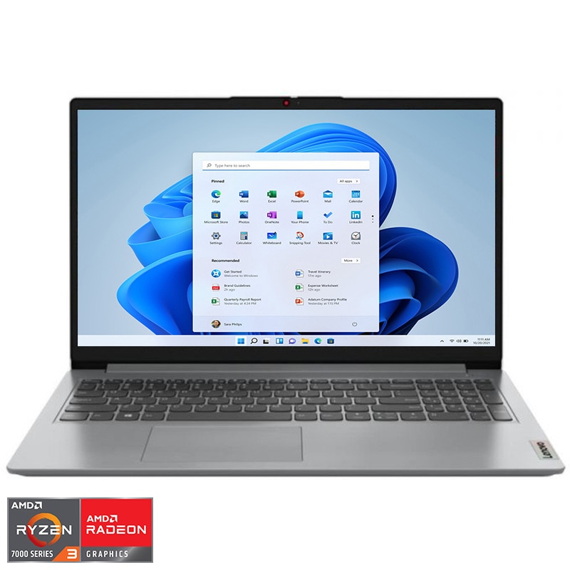 Fotografie Laptop Lenovo IdeaPad 1 15AMN7 cu procesor AMD Ryzen™ 3 7320U pana la 4.1 GHz, 15.6", Full HD, 4GB, 128GB SSD, AMD Radeon™ 610M, Windows® 11 Home in S mode, Cloud Grey