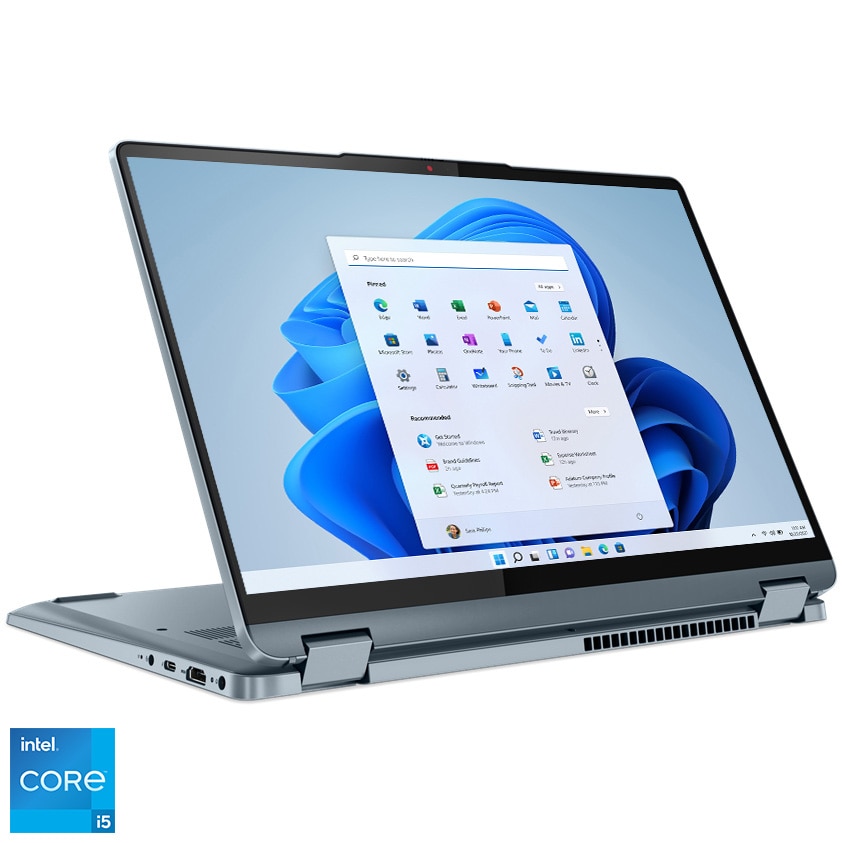 Fotografie Laptop Lenovo IdeaPad Flex 5 14IAU7 cu procesor Intel Core i5-1235U, 14", WUXGA, IPS, 16GB, 512GB SSD, Intel Iris Xe Graphics, Windows 11 Home, Stone Blue
