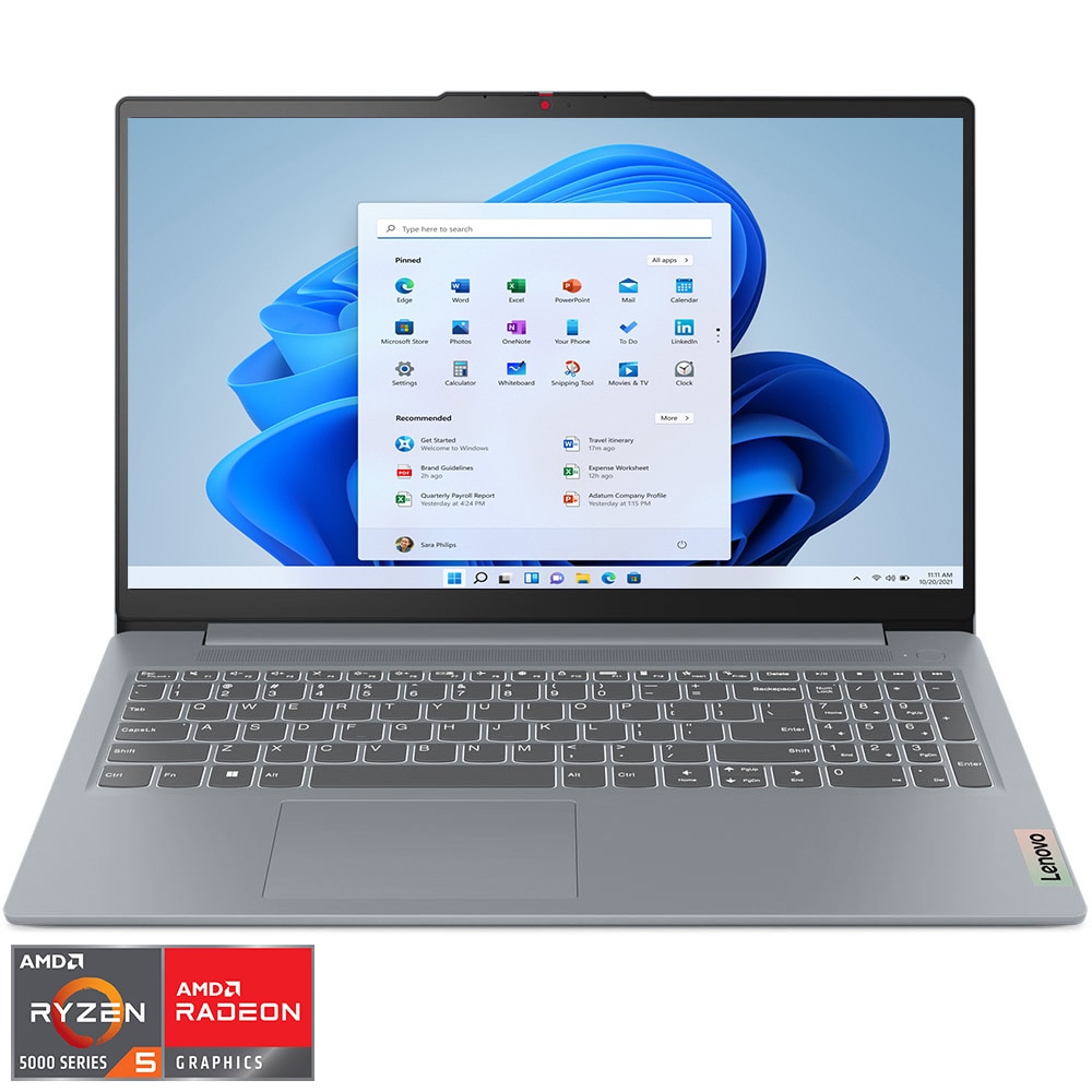 Fotografie Laptop Lenovo IdeaPad Slim 3 15ABR8 cu procesor AMD Ryzen™ 5 5625U pana la 4.3GHz, 15.6" Full HD, IPS, 16GB DDR4, 512GB SSD, AMD Radeon™ Graphics, No OS, Arctic Grey, 3y Courier or Carry-in, Fara incarcator