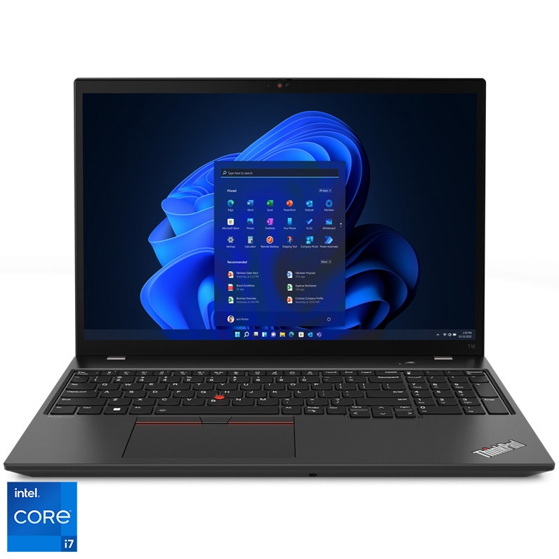 Fotografie Laptop Lenovo ThinkPad T16 Gen 1 cu procesor Intel® Core™ i7-1255U pana la 4.70 GHz, 16'', WUXGA, IPS, 16GB, 1TB SSD, Intel® Iris® Xe Graphics, Windows 11 DG Win 10 Pro, Thunder Black