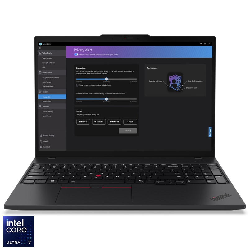 Fotografie Laptop Lenovo ThinkPad T16 Gen 3 cu procesor Intel® Core™ Ultra 7 155U pana la 4.8 GHz, 16", WUXGA, IPS, 16GB DDR5, 512GB SSD, Intel® Graphics, Windows 11 Pro, Black, 3Y Premier Support