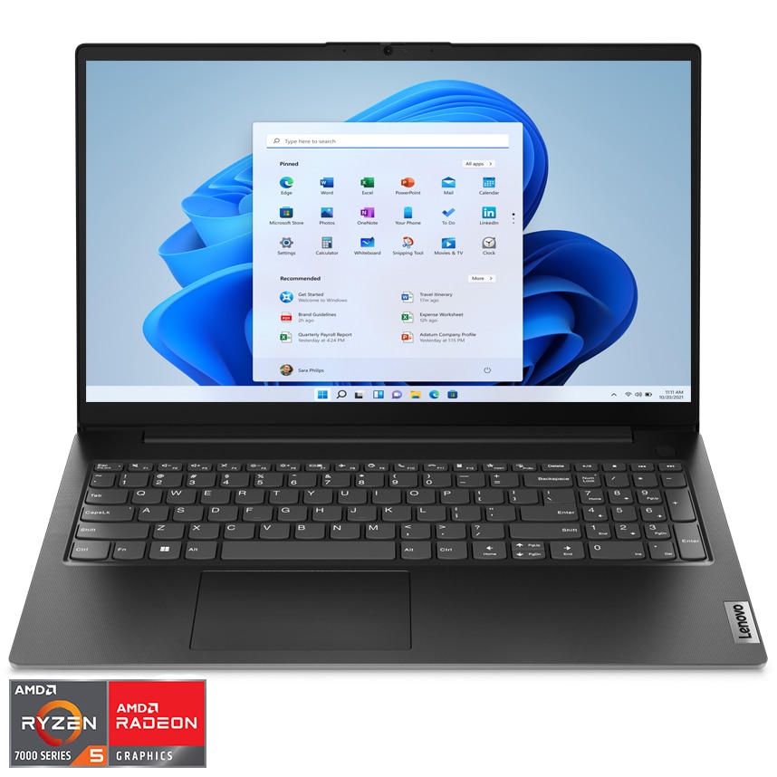 Fotografie Laptop Lenovo V15 G4 AMN cu procesor AMD Ryzen™ 5 7520U pana la 4.3GHz, 15.6" Full HD, 16GB LPDDR5 RAM, 512GB SSD, AMD Radeon™ 610M Graphics, Windows® 11 Pro, Business Black