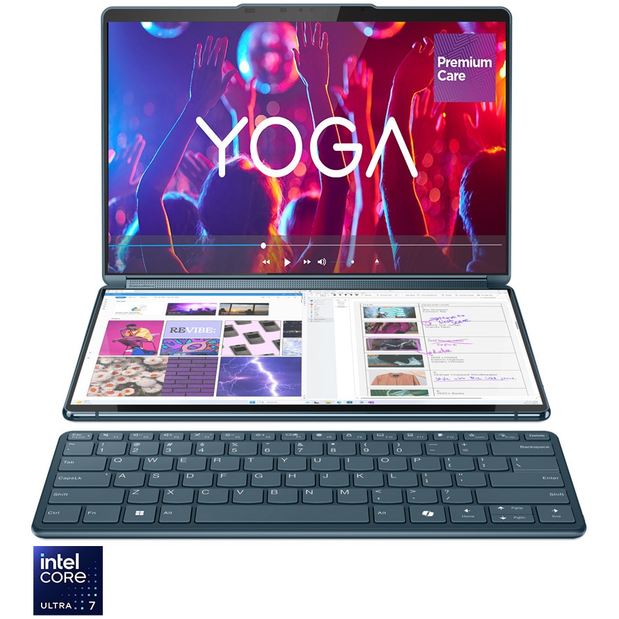 Fotografie Laptop Lenovo Yoga Book 9 13IMU9 cu procesor Intel® Core™ Ultra 7 155U pana la 4.8GHz, 2 x 13.3", 2.8K, OLED, Touch, 16GB DDR5, 1TB SSD, Intel® Graphics, Windows 11 Home, Tidal Teal, 3y on-site, Premium Care