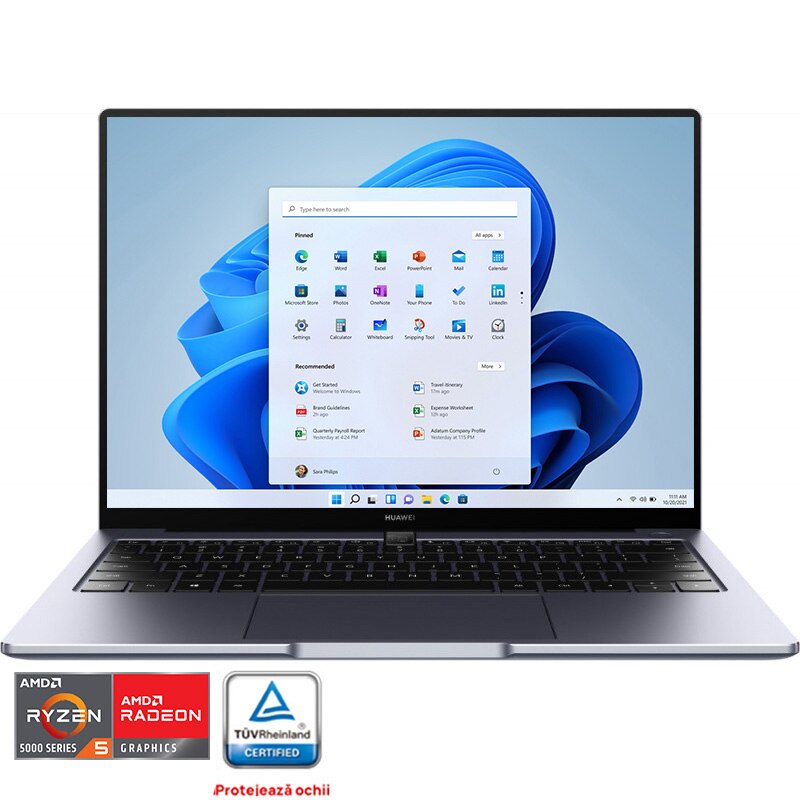 Fotografie Laptop ultraportabil Huawei MateBook 14 cu procesor AMD Ryzen™ 5 5500U pana la 4.00 GHz, 14", 2K, 16GB, 512GB SSD, AMD Radeon™ Graphics, Windows 11 Home, Gray