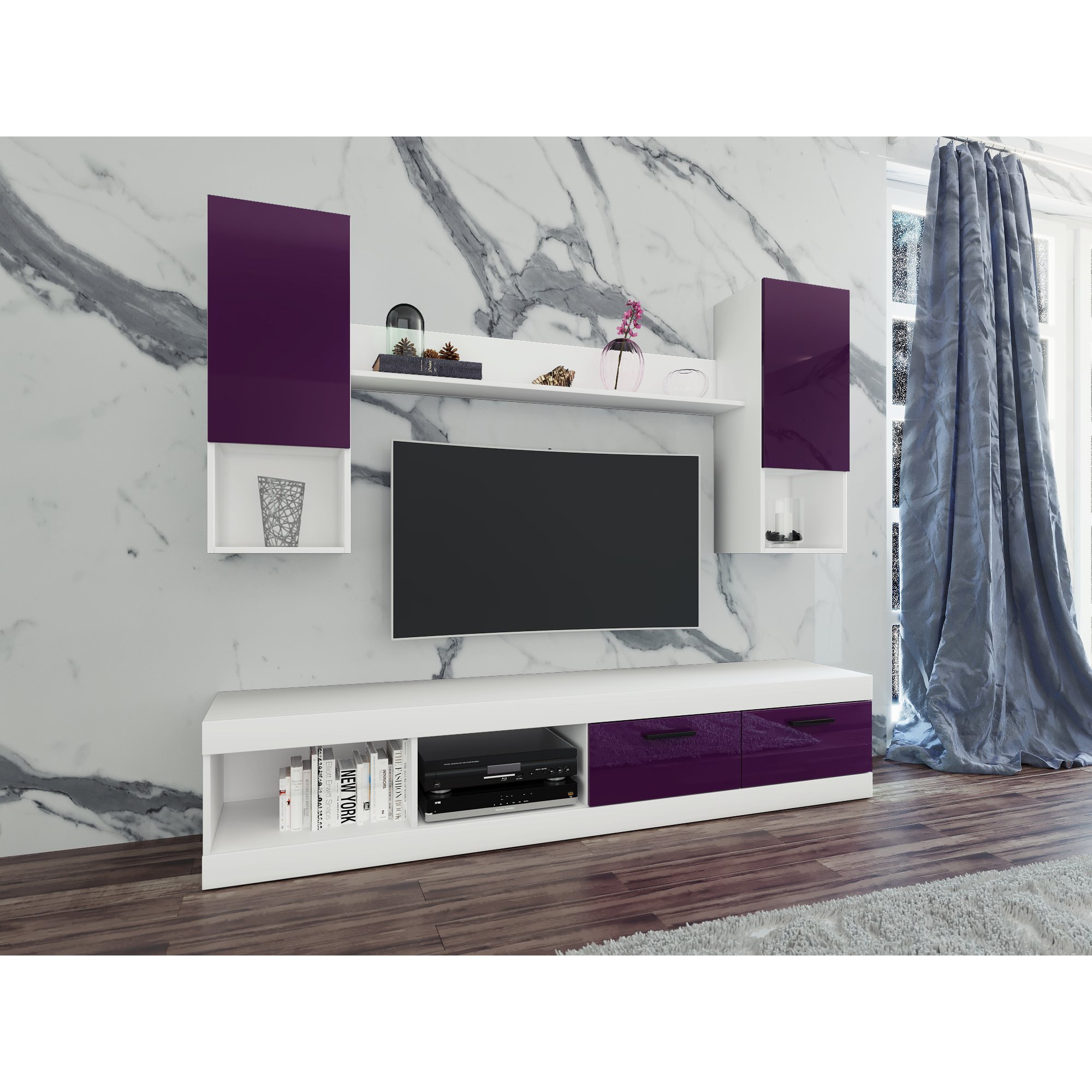 Fotografie Living/Biblioteca Irim Pascale, 200x38.5x171 cm, Mov cu Alb, front MDF