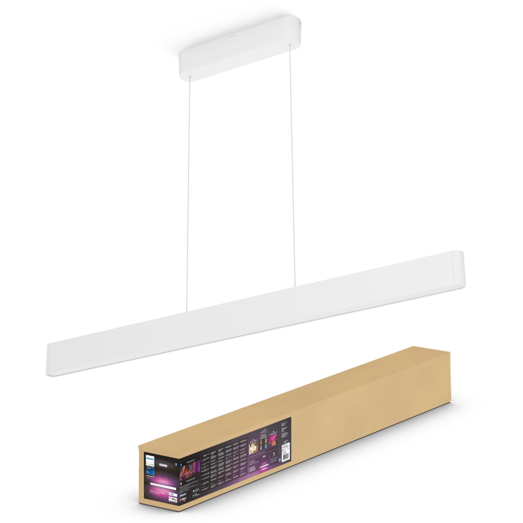 Fotografie Lustra LED RGB inteligenta Philips Hue Ensis, Bluetooth, 79W (175W), 5500 lm, lumina alba si colorata, 129.8 cm, Metal, Alb, clasa energetica G