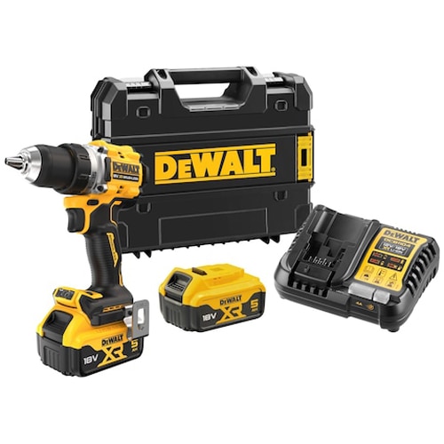 Fotografie Masina compacta de gaurit si insurubat (bormasina) pe acumulator DeWALT DCD800P2T, 18V, motor fara perii, iluminare LED, 2x acumulator 5 Ah, 27/90 Nm, 2000 RPM, 2 viteze, include cutie transport TSTAK, incarcator rapid