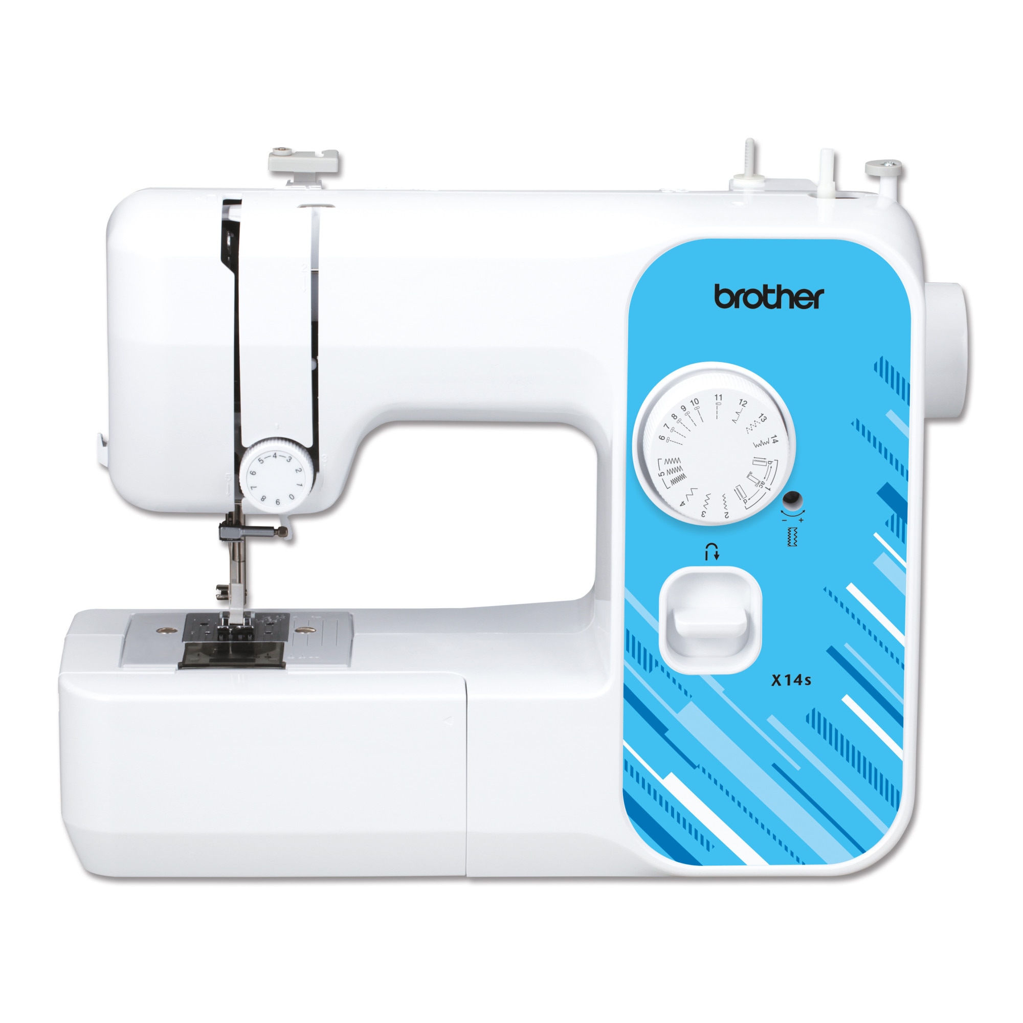 Fotografie Masina de cusut Brother X14SVM1, 50W, 14 programe de coasere, lumina, selectare facila programe, control viteza coasere, alb/albastru