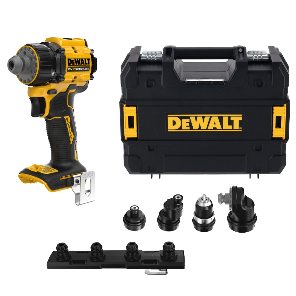 Fotografie Masina de gaurit si insurubat cu capete multiple pe acumulator DeWALT DCD803NT, 18V XR, brushless, 4 capete interschimbabile, 0-1650 RPM, 73 Nm, 2 viteze, iluminare LED, incarcator, cutie transport TSTAK, fara incarcator/acumulator, Made in CZ