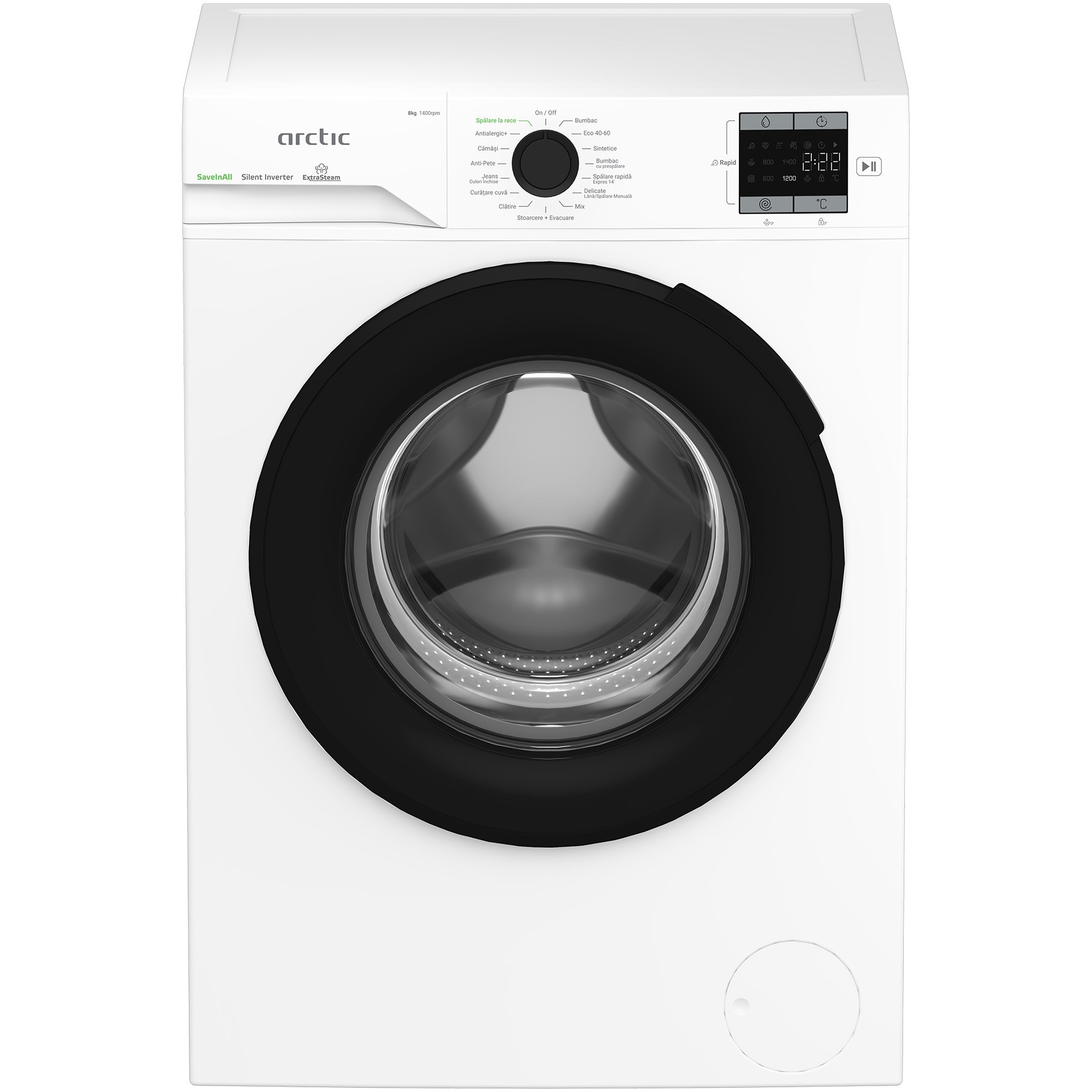 Fotografie Masina de spalat rufe Arctic APLM1WFSU18410W, 8 Kg, 1400 RPM, Clasa A, Motor Silent Inverter, Fast/Intensive, Steam, Prewash, Child Lock, Add-In, Alb