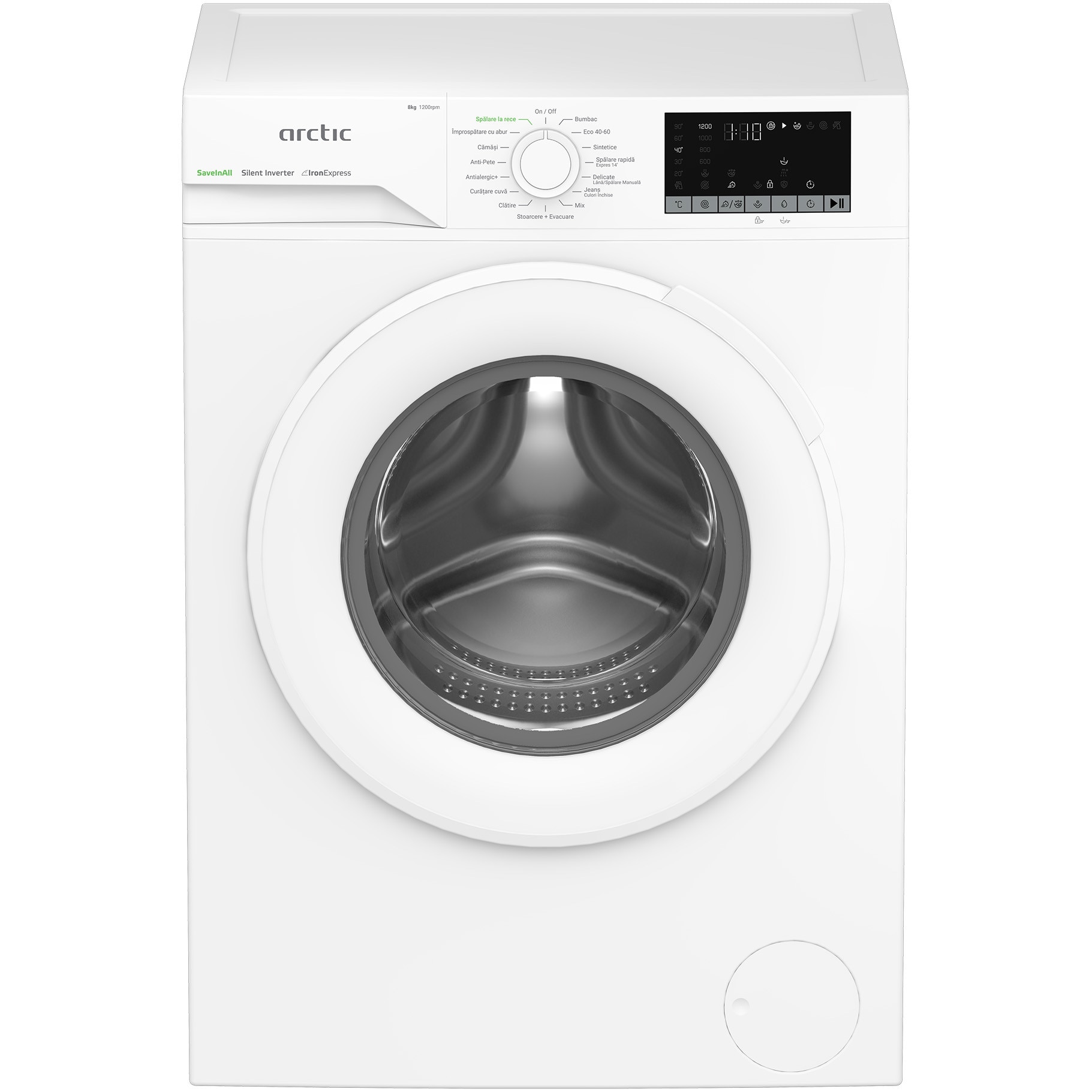 Fotografie Masina de spalat rufe Arctic APLM2WFSU28211W, 8 Kg, 1200 RPM, Clasa A, Motor Silent Inverter, ExtraSteam, IronExpress, Recycled Tub, Fast/Intensive, Steam, WaterMode, Child Lock, Add-In, Alb