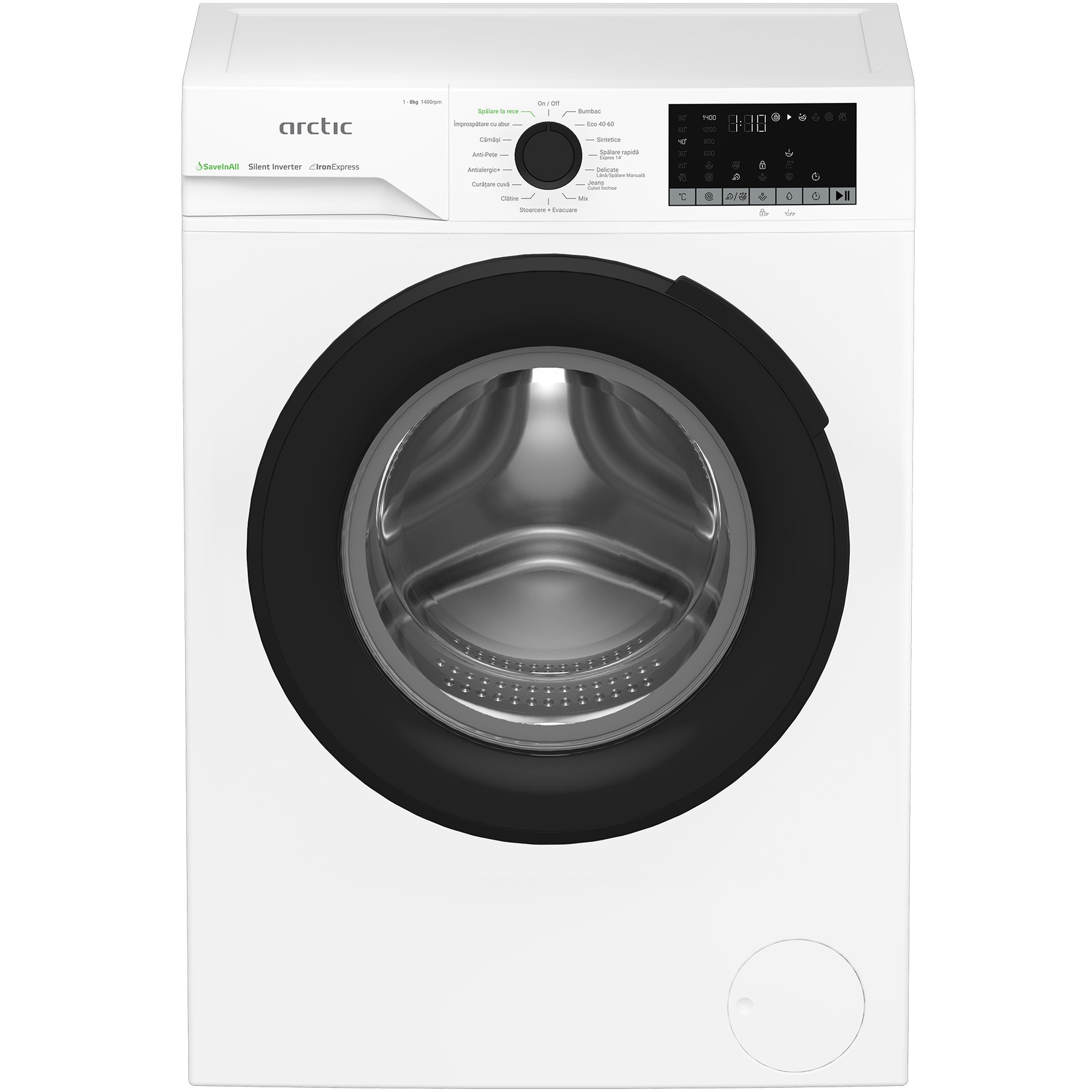 Fotografie Masina de spalat rufe Arctic APLM2WFU28411WB, incarcare frontala, 8kg, 1400 rpm , clasa A, Slim motor Silent Inverter,tehnologie IronExpress, 15 programe spalare