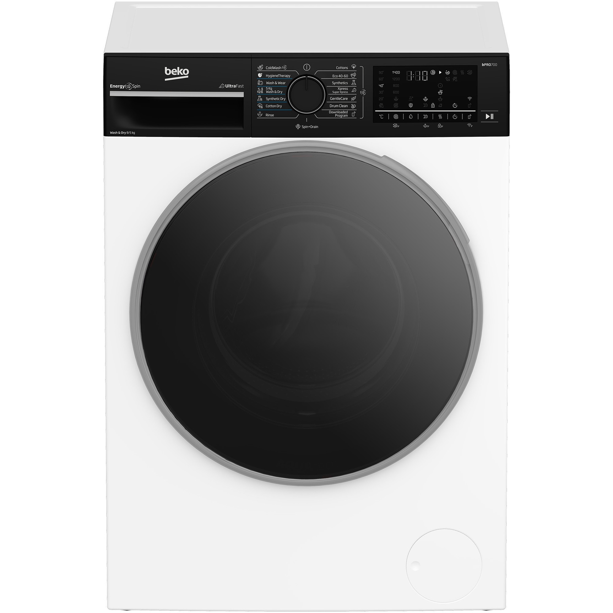 Fotografie Masina de spalat rufe cu uscator Beko B7DFT68442WBPB ES, Clasa D, EnergySpin, 8/5 kg, 1400rpm, HomeWhiz, Alb
