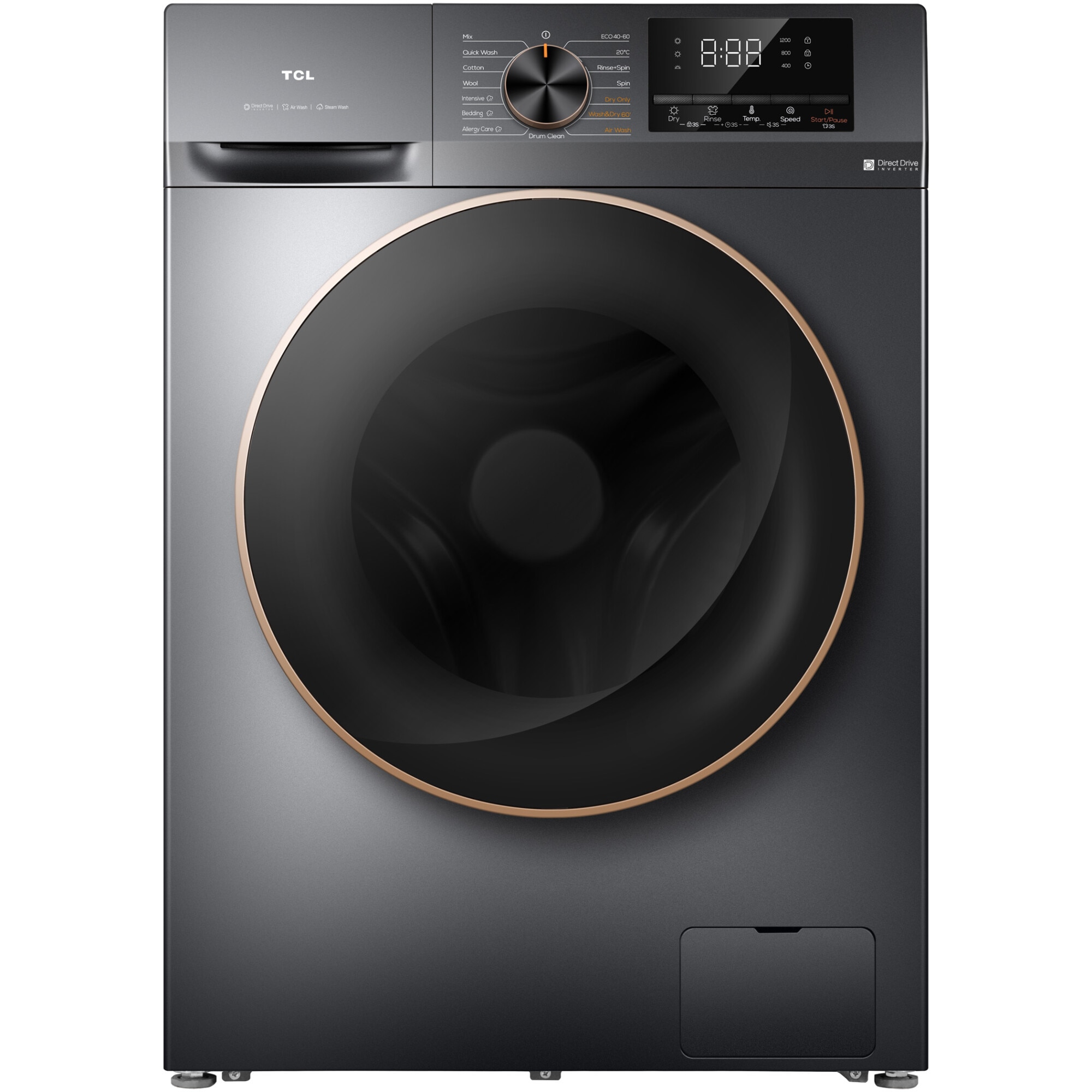 Fotografie Masina de spalat rufe cu uscator TCL CP1012SA0, 10 kg Spalare / 6 kg Uscare, 1200 RPM, Clasa A, Motor Direct Drive, Display LED, Steam Wash, Drum Clean, Honeycomb Drum, Gri Inchis