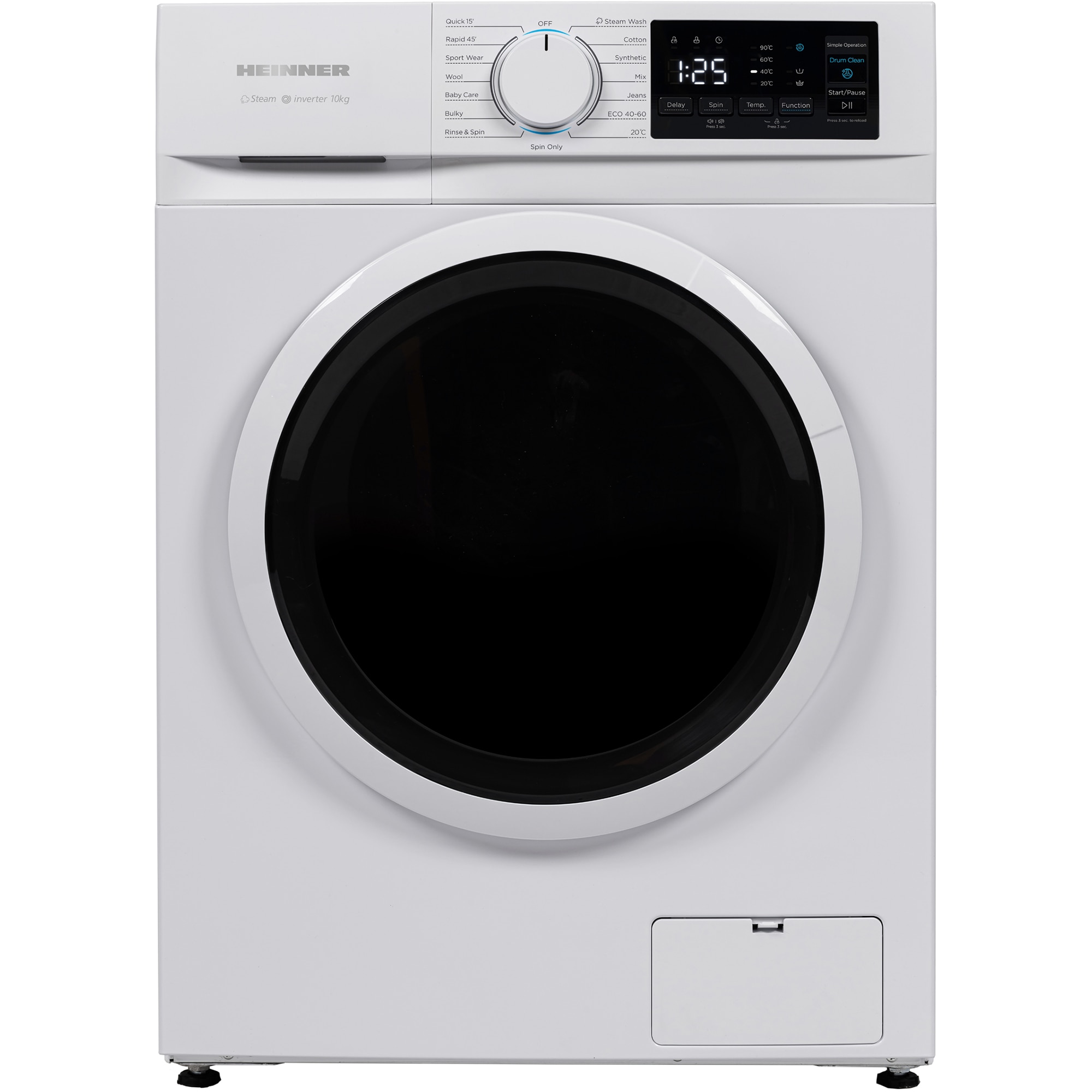 Fotografie Masina de spalat rufe Heinner HWM-M1014IVNA+++, 10 kg, 1400 rpm, Clasa A, Motor inverter, 15 programe, Display digital, Program rapid 15 min, Program steam, Program baby care, Functie adaugare rufe, Functie igienizare cuva, Blocare acces copii, Alb